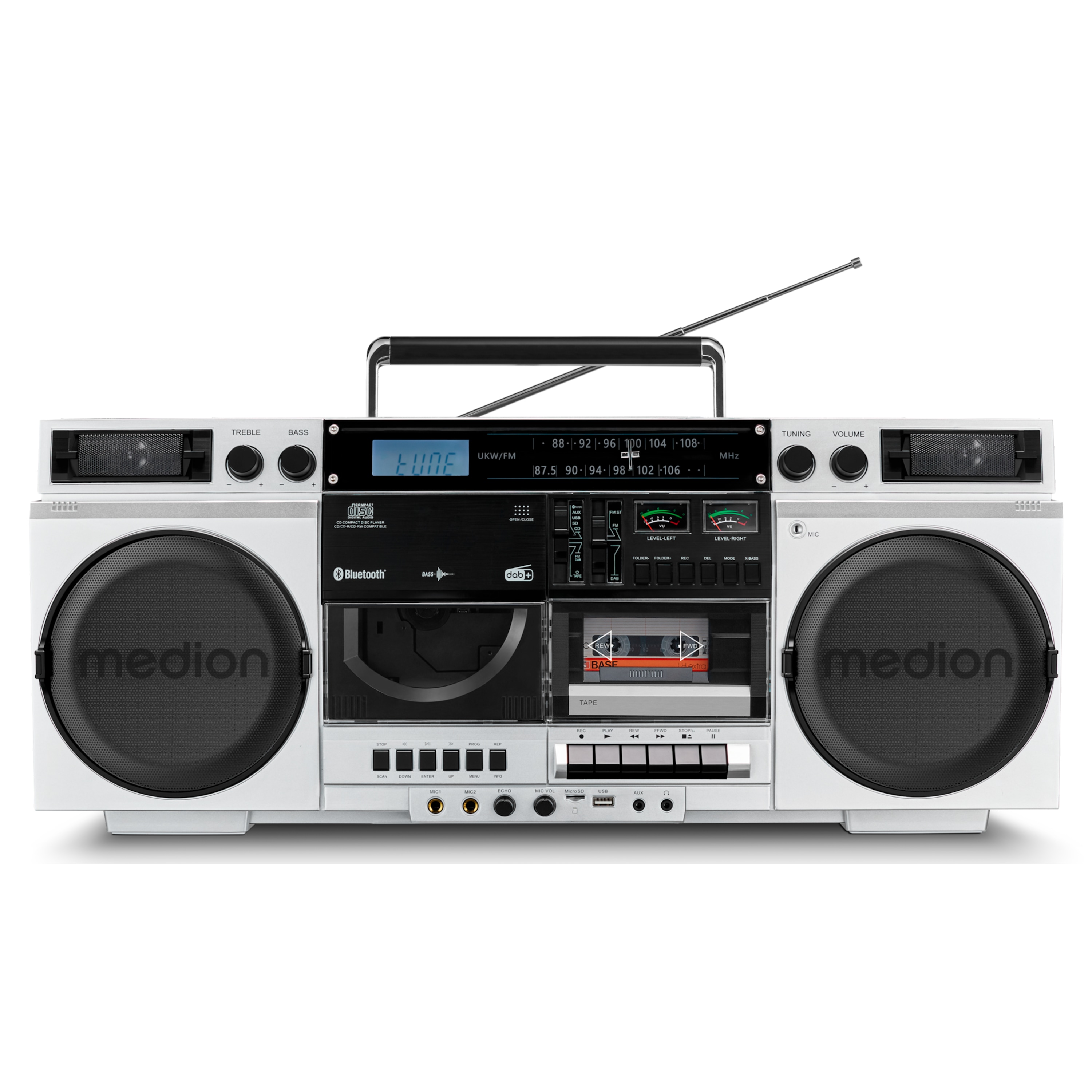 MEDION® LIFE® P66538 Retro-Boombox, DAB+/PLL-UKW Radio, Bluetooth® 5.3 für das Abspielen von Smartphone & Co, CD-Player, Kassettendeck, X-Bass Funktion, 2 x 10 W RMS