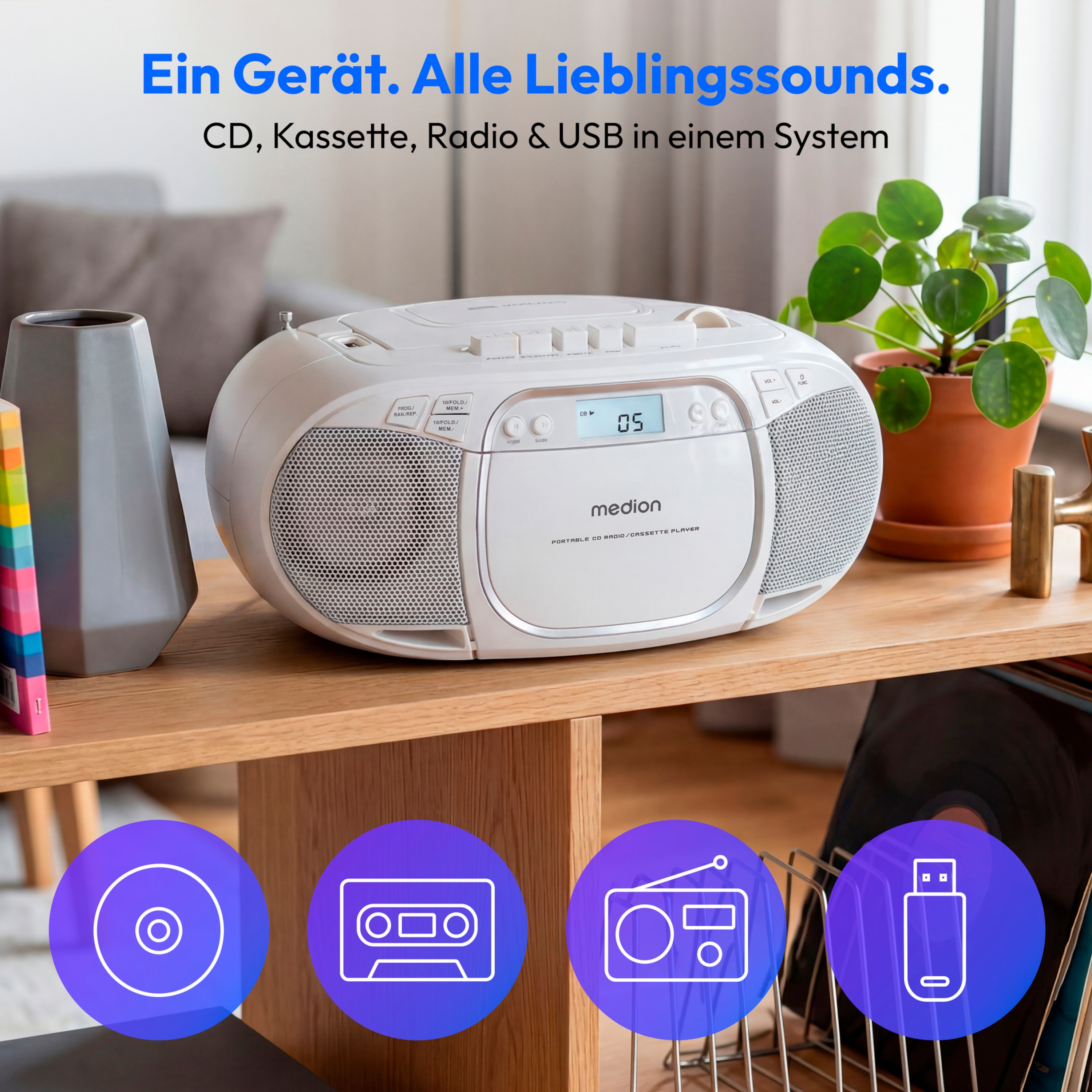 MEDION® LIFE E66476 Tragbare CD-Boombox, CD-Player, Kassettendeck, FM-Radio, USB-MP3-Wiedergabe, 30 Senderspeicher, Batteriebetrieb