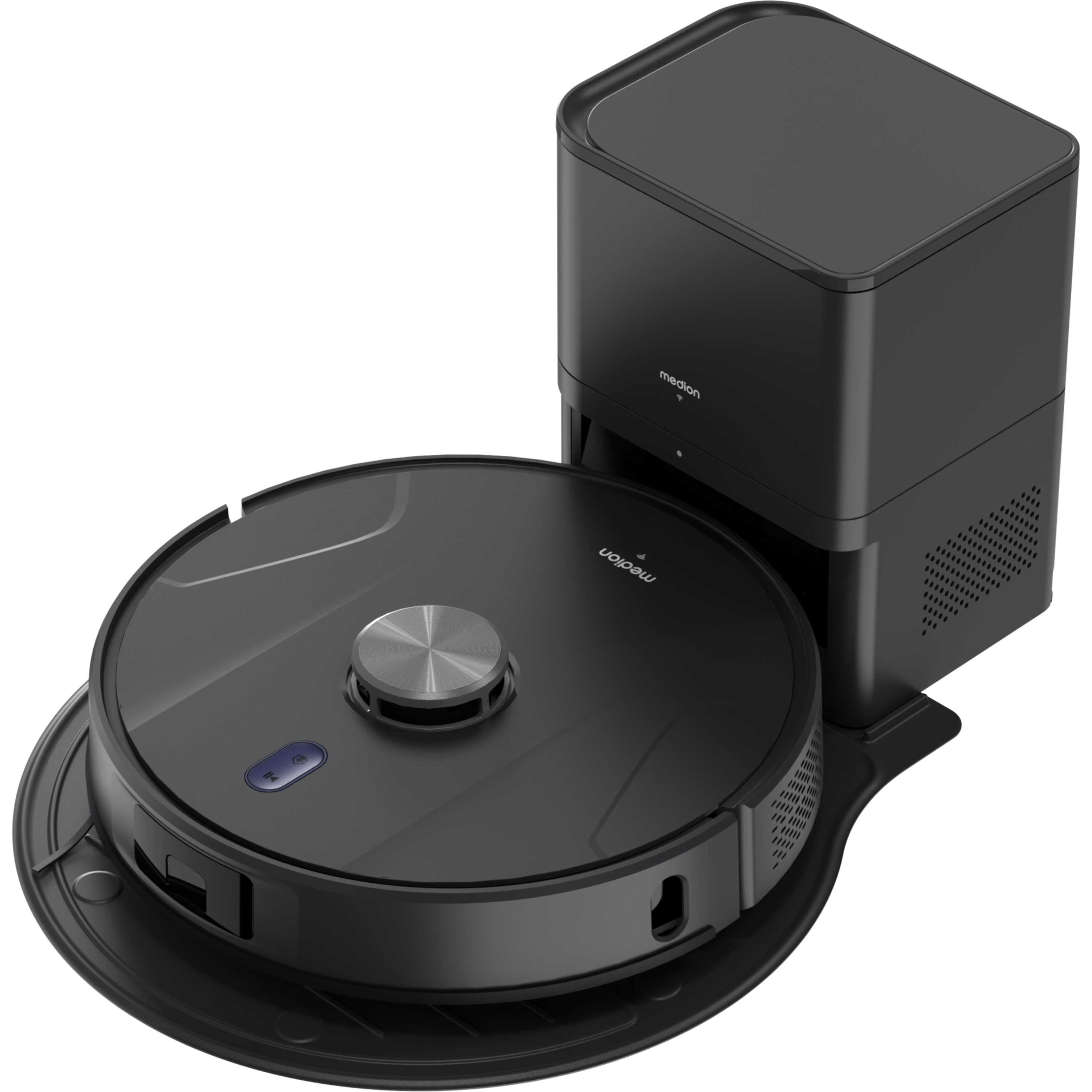 MEDION® Saugroboter mit 2-in-1 Absaugstation X51 SW+, Wischfunktion, rotierende Wischmopps, Lasernavigation, Hinderniserkennung durch Kreuzlinienlaser, starke 10.000 Pa Saugkraft, präzise Kartenerstellung