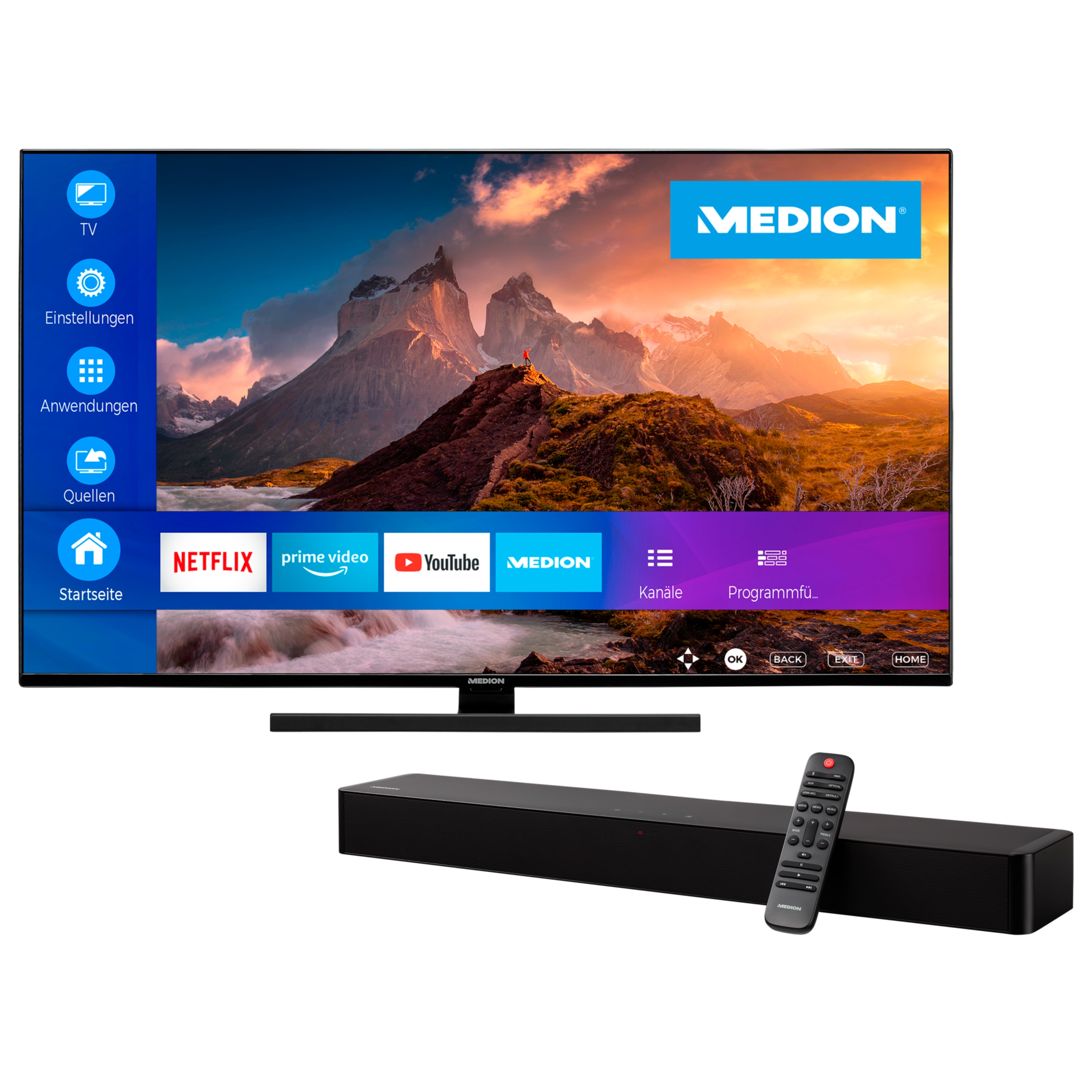 MEDION® LIFE® X15033 (MD 31861)  QLED Smart-TV, 125,7 cm (50'') Ultra HD + MEDION® LIFE® P61155 2.0 Soundbar - ARTIKELSET