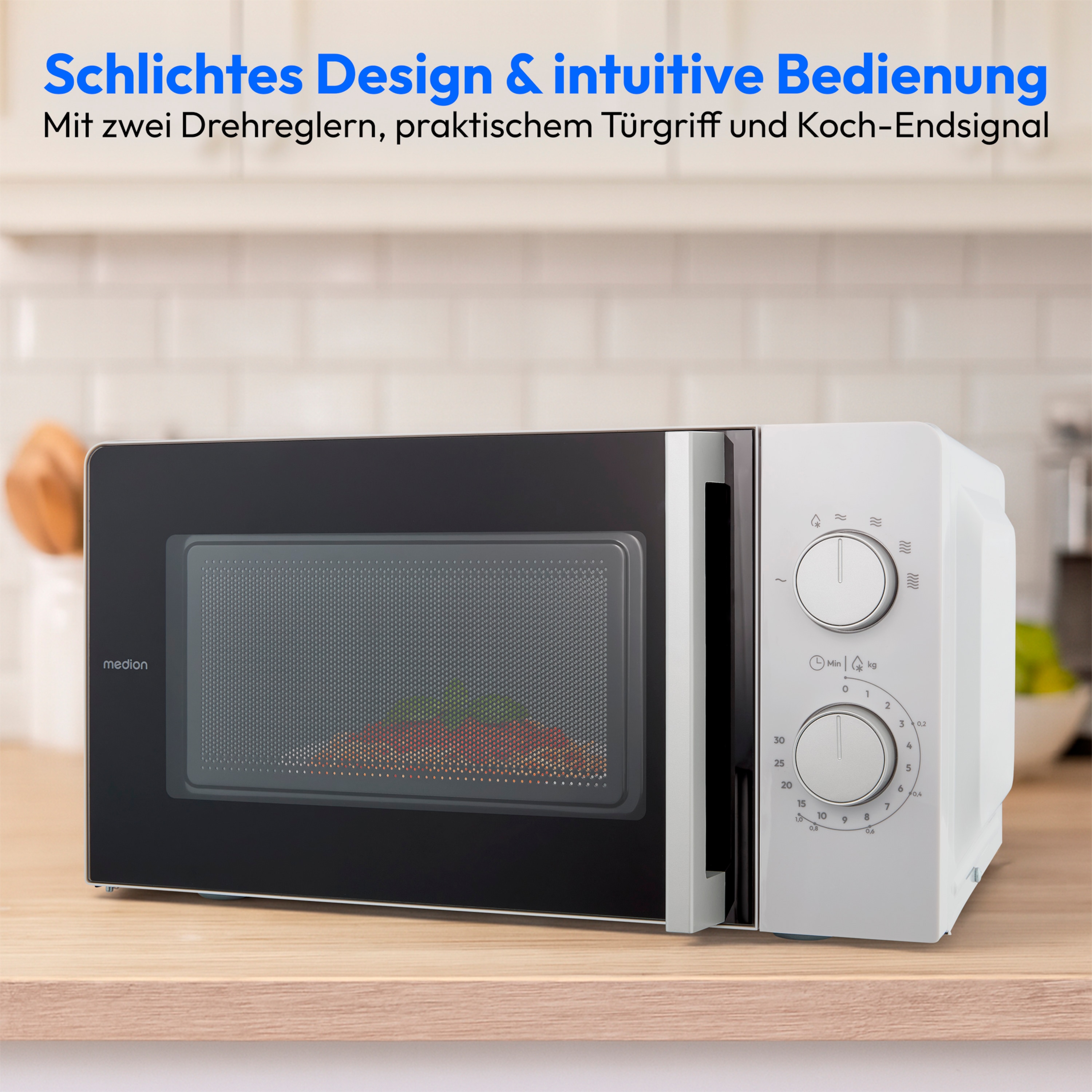 MEDION® LIFE® Mikrowelle MD 12211, 700 W Leistung, 17 L kompakt, 5 Mikrowellenstufen, Auftaufunktion, Timerfunktion