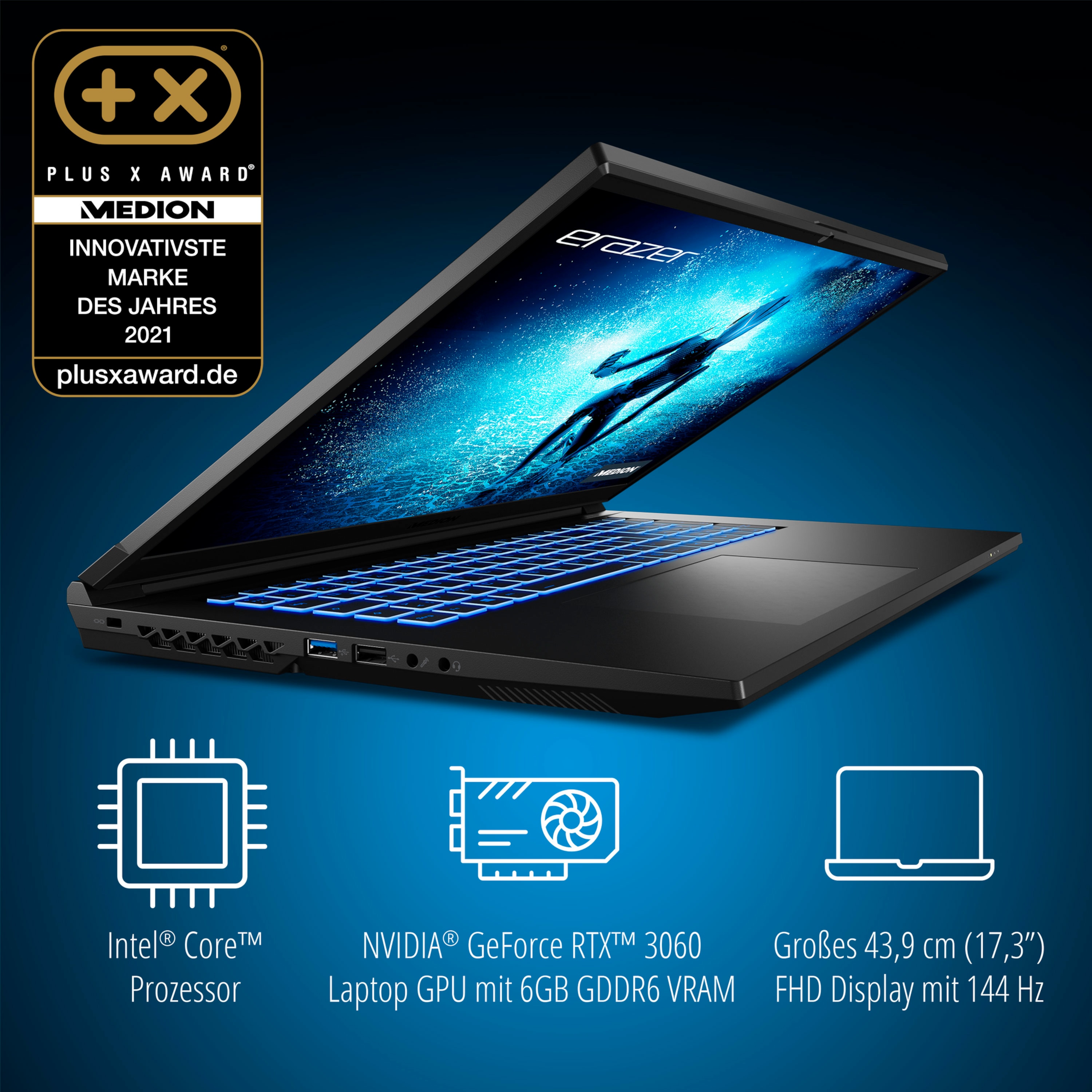 MEDION® ERAZER Defender P20, Intel® Core™ i7-12700H, Windows 11 Home, 43,9 cm (17,3") FHD Display mit 144 Hz, NVIDIA® GeForce RTX™ 3060, 1 TB SSD, 16 GB RAM, Core Gaming Notebook