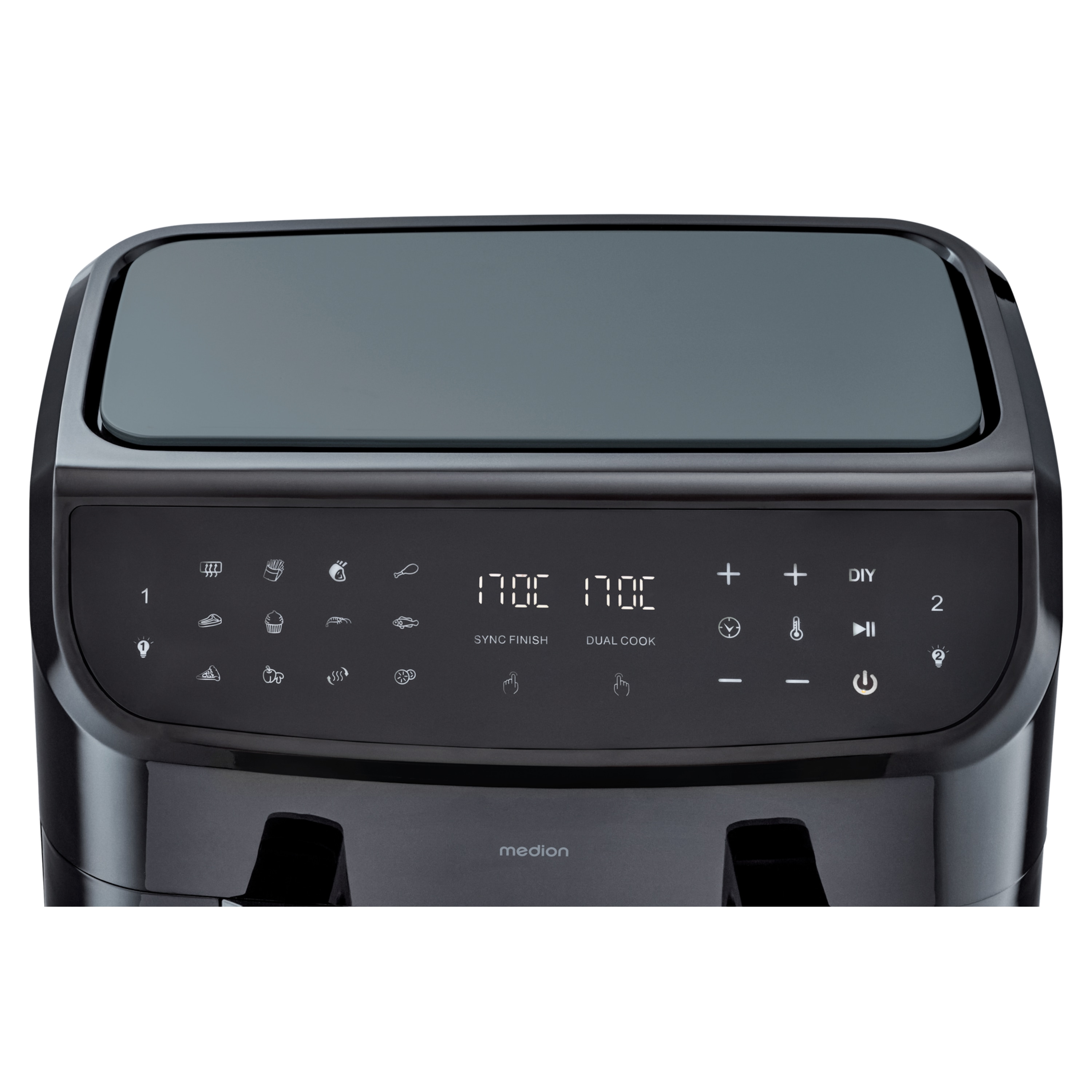 MEDION® LIFE® P20 XXL Twin Doppelzonen-Heißluftfritteuse MD 11760, 100 Rezepte in der Life+ App, 2 separate Garzonen, 9 Automatikprogramme, 8,7 L Gesamt-Nutzinhalt, 2.600 Watt, Temperatur einstellbar bis 200 °C