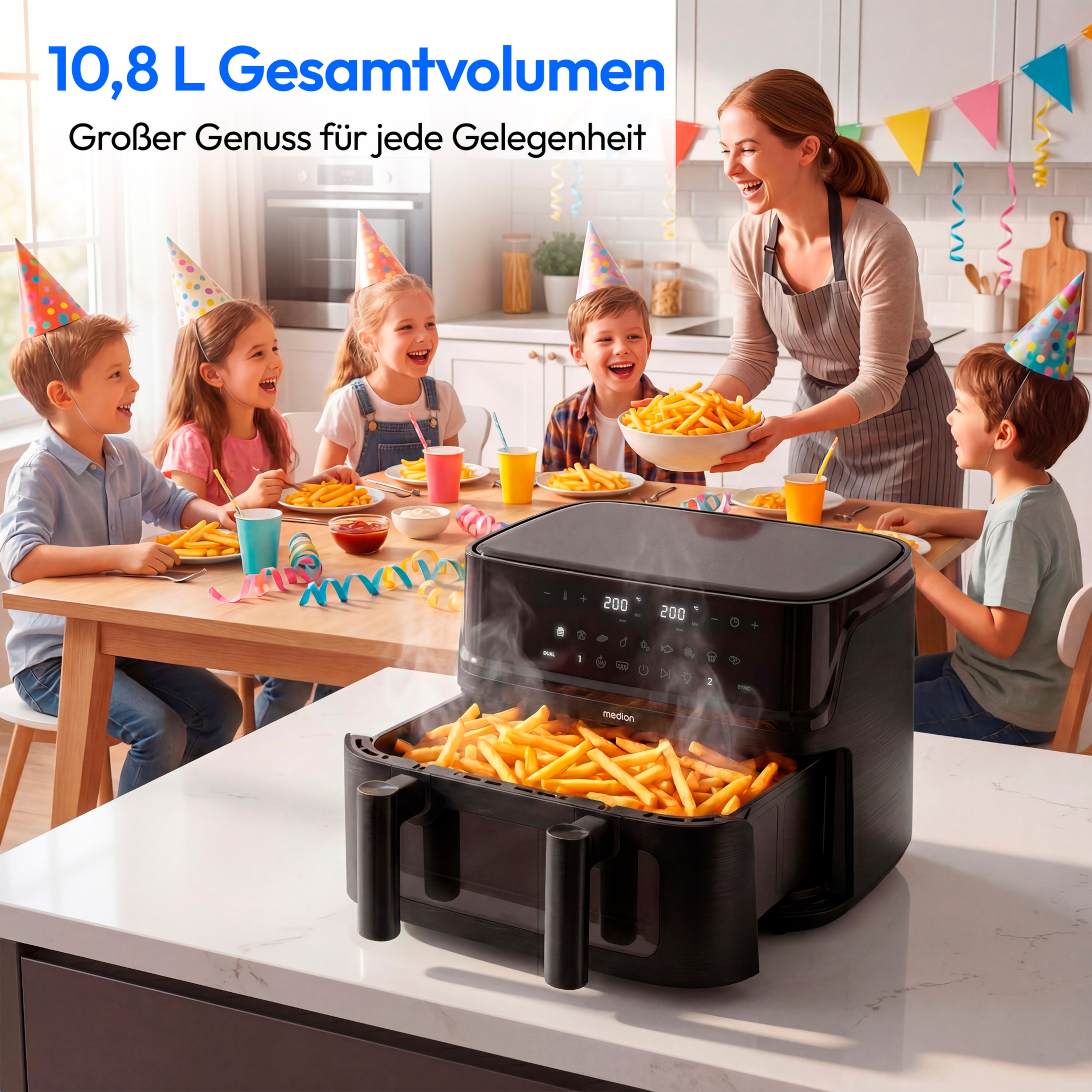 MEDION® LIFE® P25 XXL Flex M Heißluftfritteuse MD100057 schwarz, 100 Rezepte in der Life+ App, 2 separate Garzonen, 10 Automatikprogramme, 10,8 L Gesamt-Nutzinhalt, 3.040 Watt, Temperatur einstellbar bis 200 °C