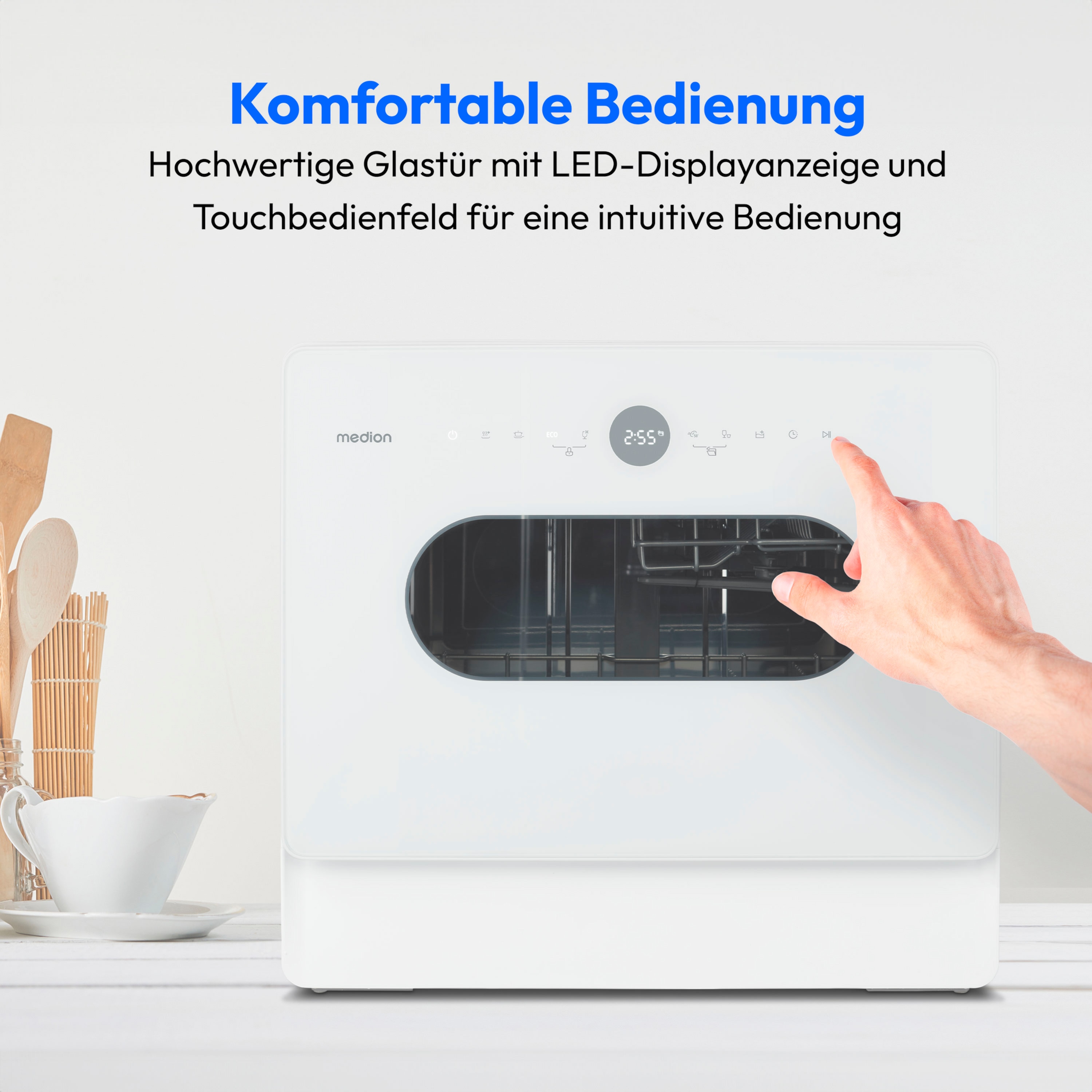MEDION® LIFE® Tischgeschirrspüler DWT51 (MD 37766), 7 Reinigungsprogramme, Eimer-Funktion und Wasseranschluss, für 5 Gedecke, EasyFit Design, Touch-Bedienfeld, LED-Display