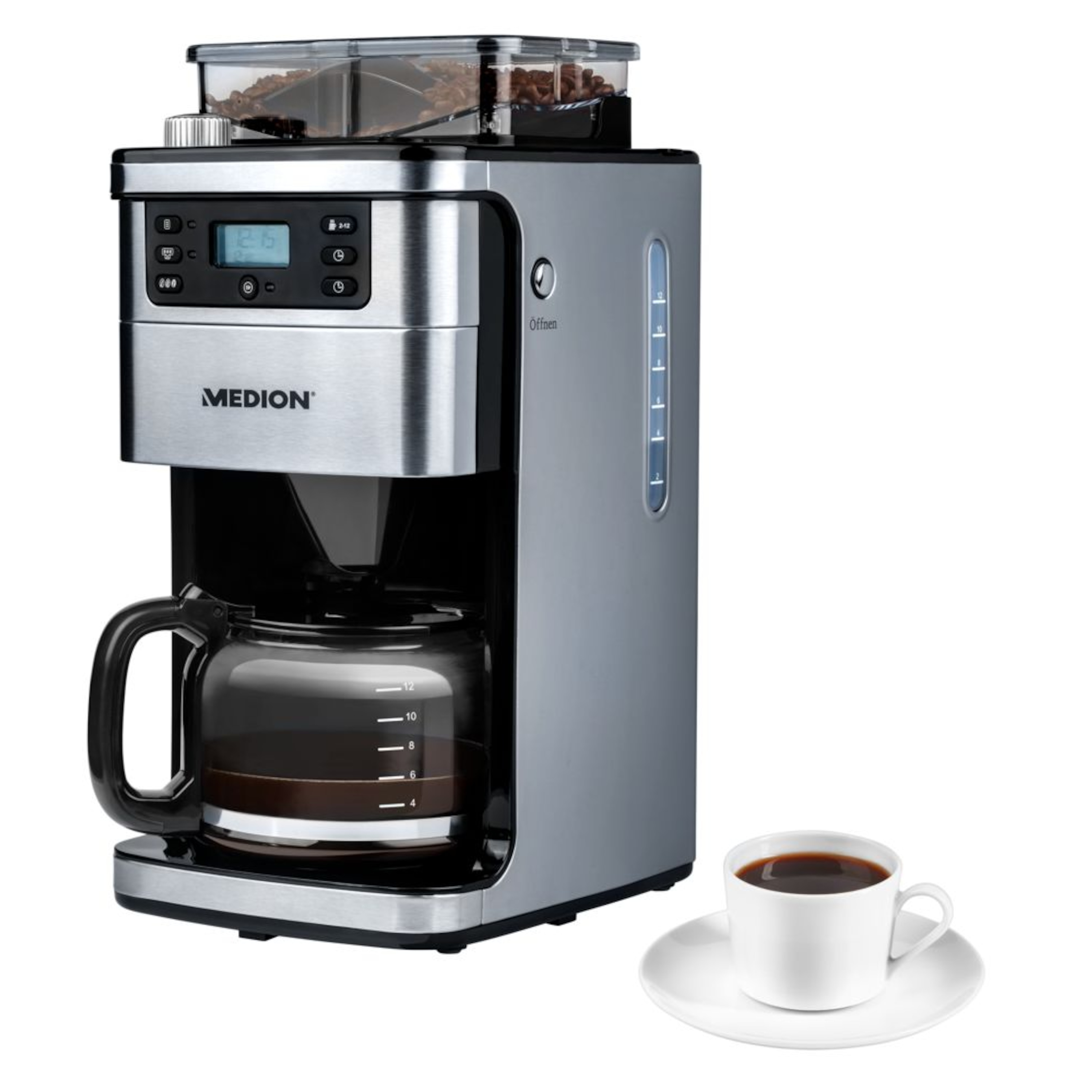 MEDION® Kaffeemaschine mit Mahlwerk MD 15486, 8 Mahlstufen, 1,5 Liter Wassertank, 1050 Watt