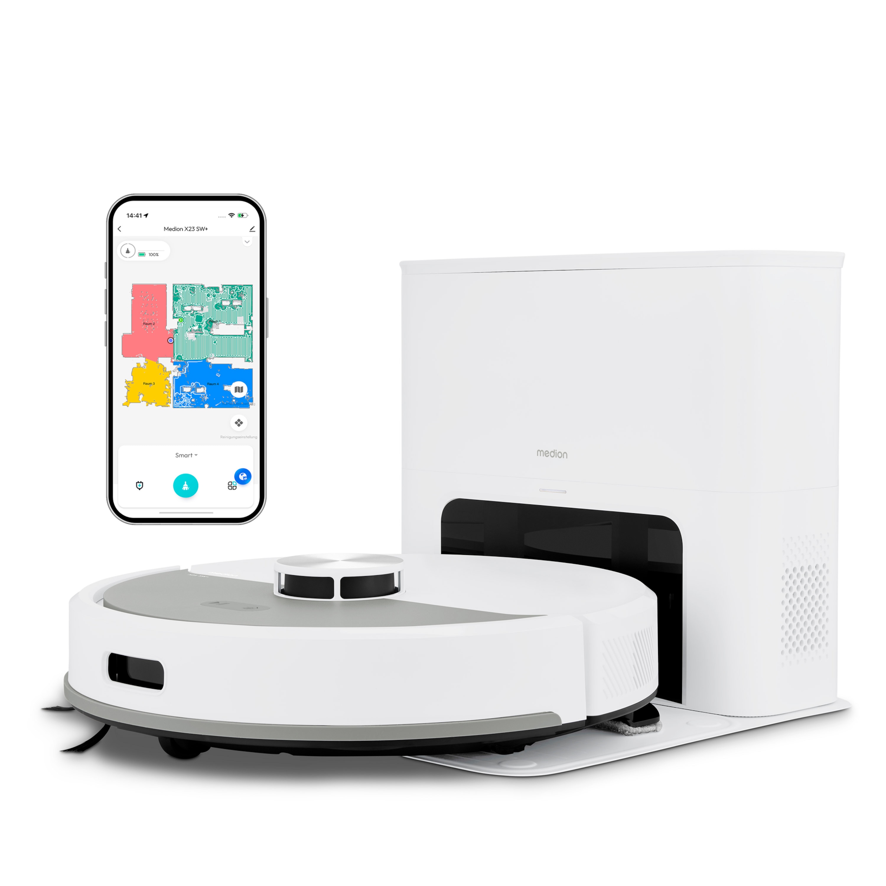 MEDION® Saugroboter mit Absaugstation X23 SW+, Wischfunktion, Lasernavigation, 5.000 Pa Saugkraft, No Go & Go Bereiche, präzise Kartenerstellung, mehrere Etagen, App-Steuerung