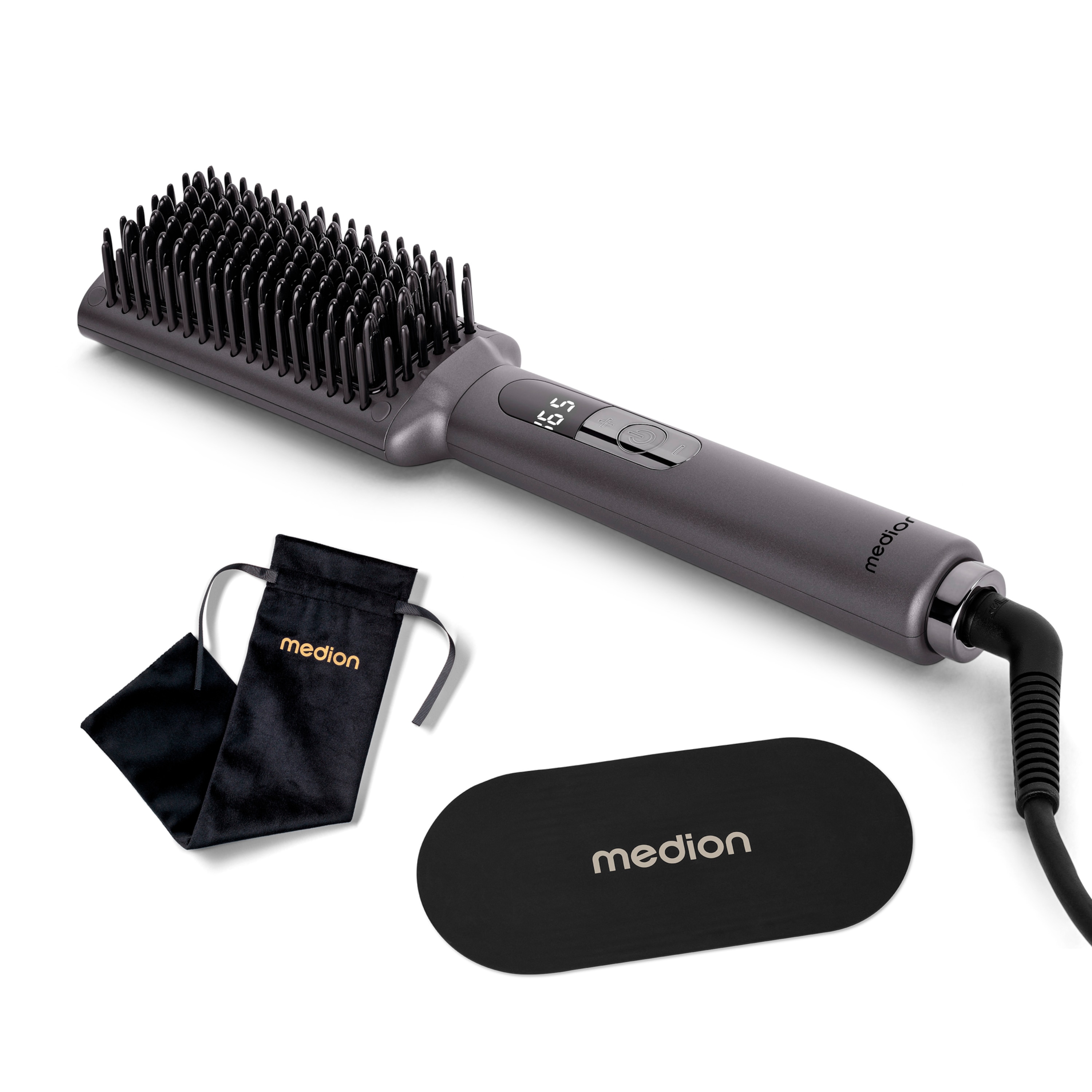 MEDION® LIFE HB1 Glättbürste, Keramik-/Turmalin beschichtete Heizelemente, Display mit Temperaturanzeige, 5 regelbare Hitzestufen (165° - 210°), Ionen-Technologie
