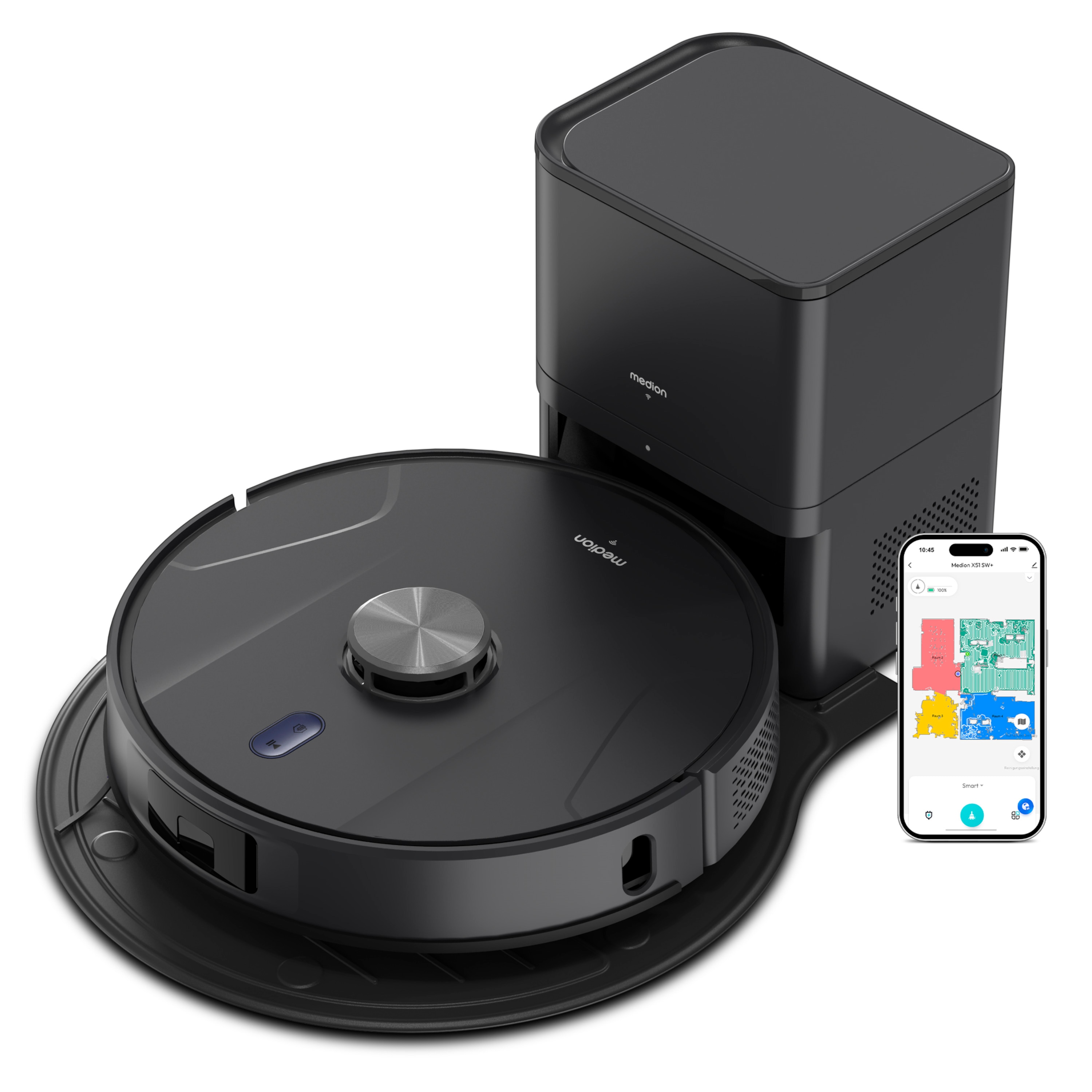 MEDION® Saugroboter mit 2-in-1 Absaugstation X51 SW+, Wischfunktion, rotierende Wischmopps, Lasernavigation, Hinderniserkennung durch Kreuzlinienlaser, starke 10.000 Pa Saugkraft, präzise Kartenerstellung