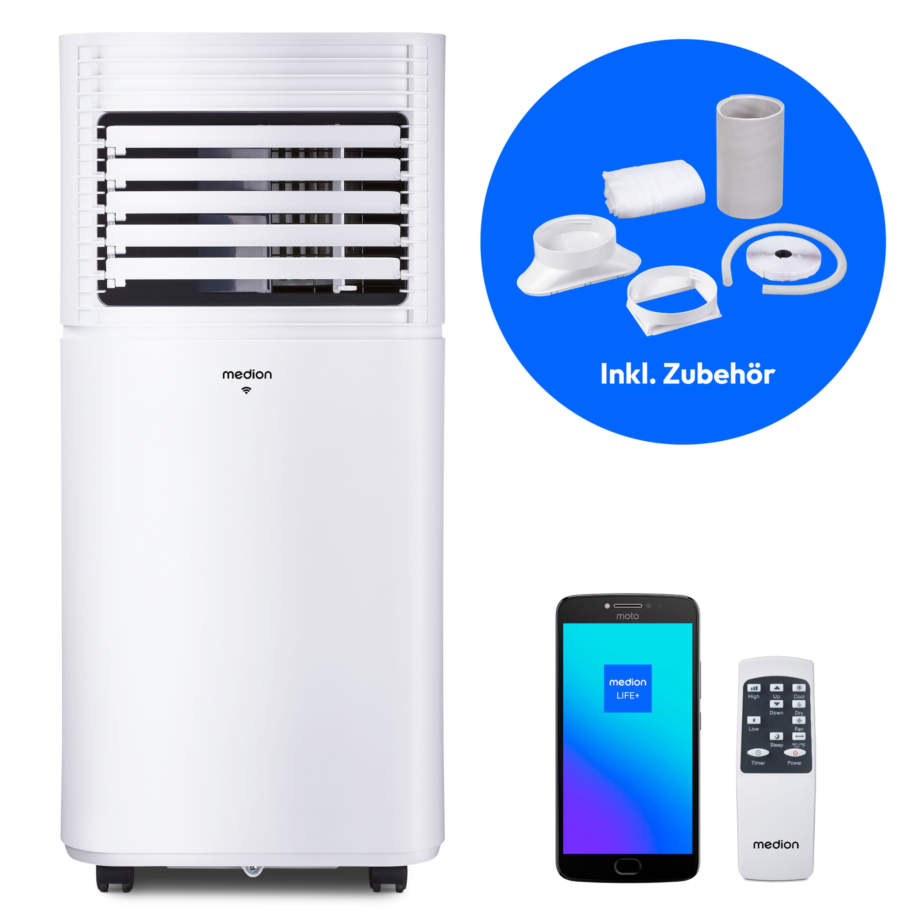 MEDION® LIFE® P701 Klimaanlage (MD 37672), Kühlen, Entfeuchten und Ventilieren, Kühlleistung 7.000 BTU, Kühlmittel R290, max. 25m², App- und Sprachsteuerung, Inkl. Fenster-Kit