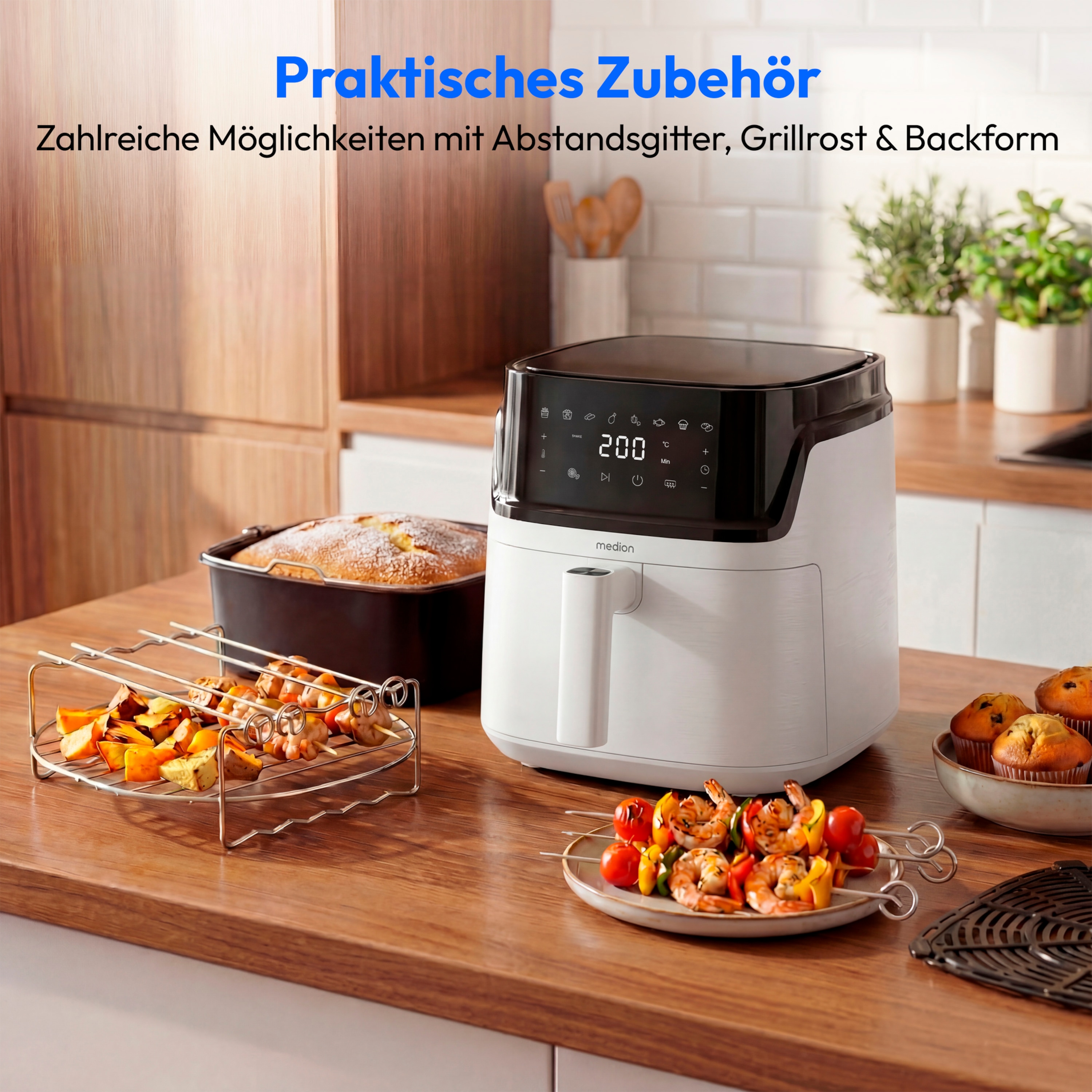 MEDION® LIFE Heißluftfritteuse MD100056, 7,2 L Gesamtvolumen, 10 Automatikprogramme, Edelstahl-Heizelement, digitales Sensor-Touch-Display, Temperatur 40–200 °C, ILAG SP-800 Beschichtung