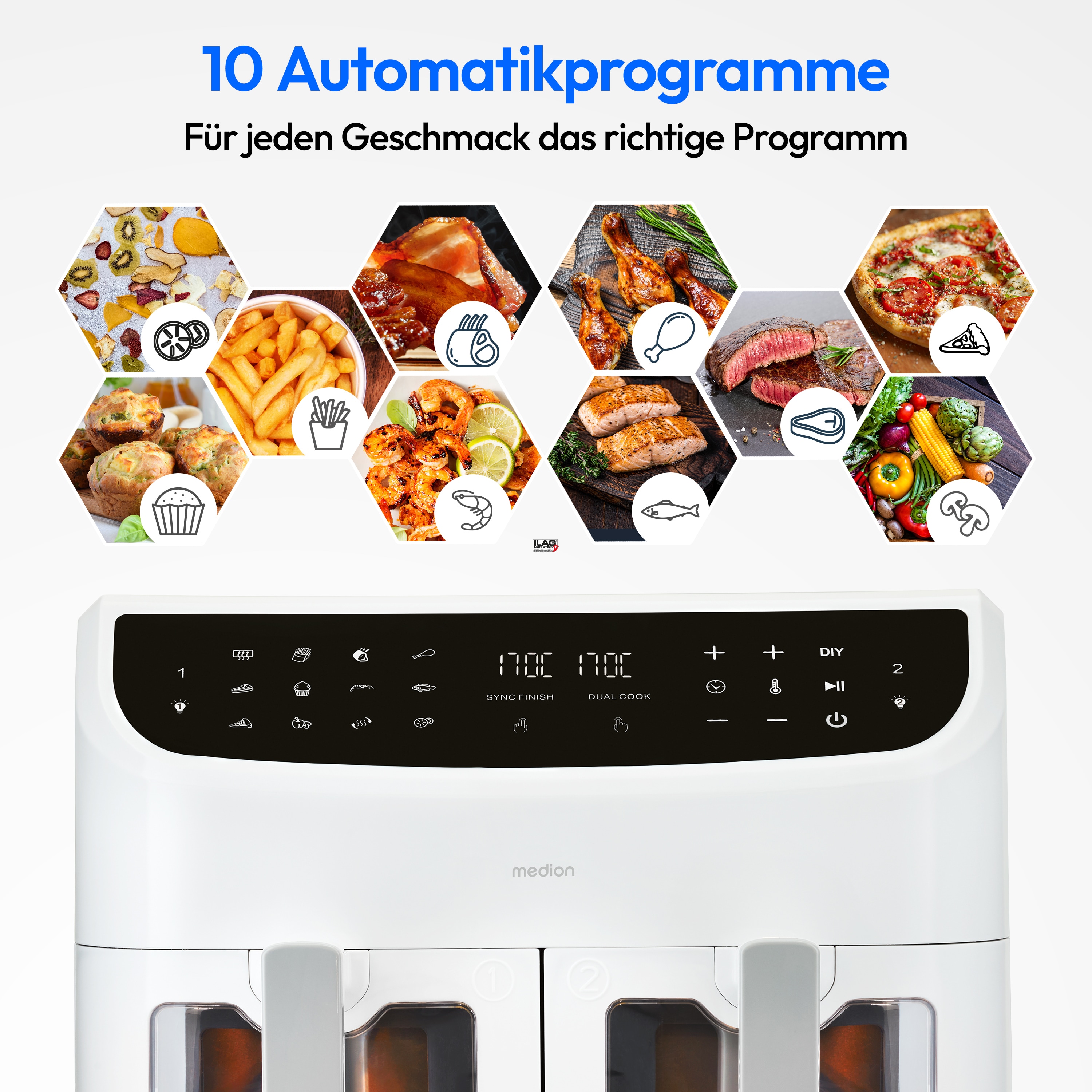 MEDION® LIFE® P20 XXL Twin Doppelzonen-Heißluftfritteuse MD 11760, 100 Rezepte in der Life+ App, 2 separate Garzonen, 10 Automatikprogramme, 8,7 L Gesamt-Nutzinhalt, 2.600 Watt, Temperatur einstellbar bis 200 °C