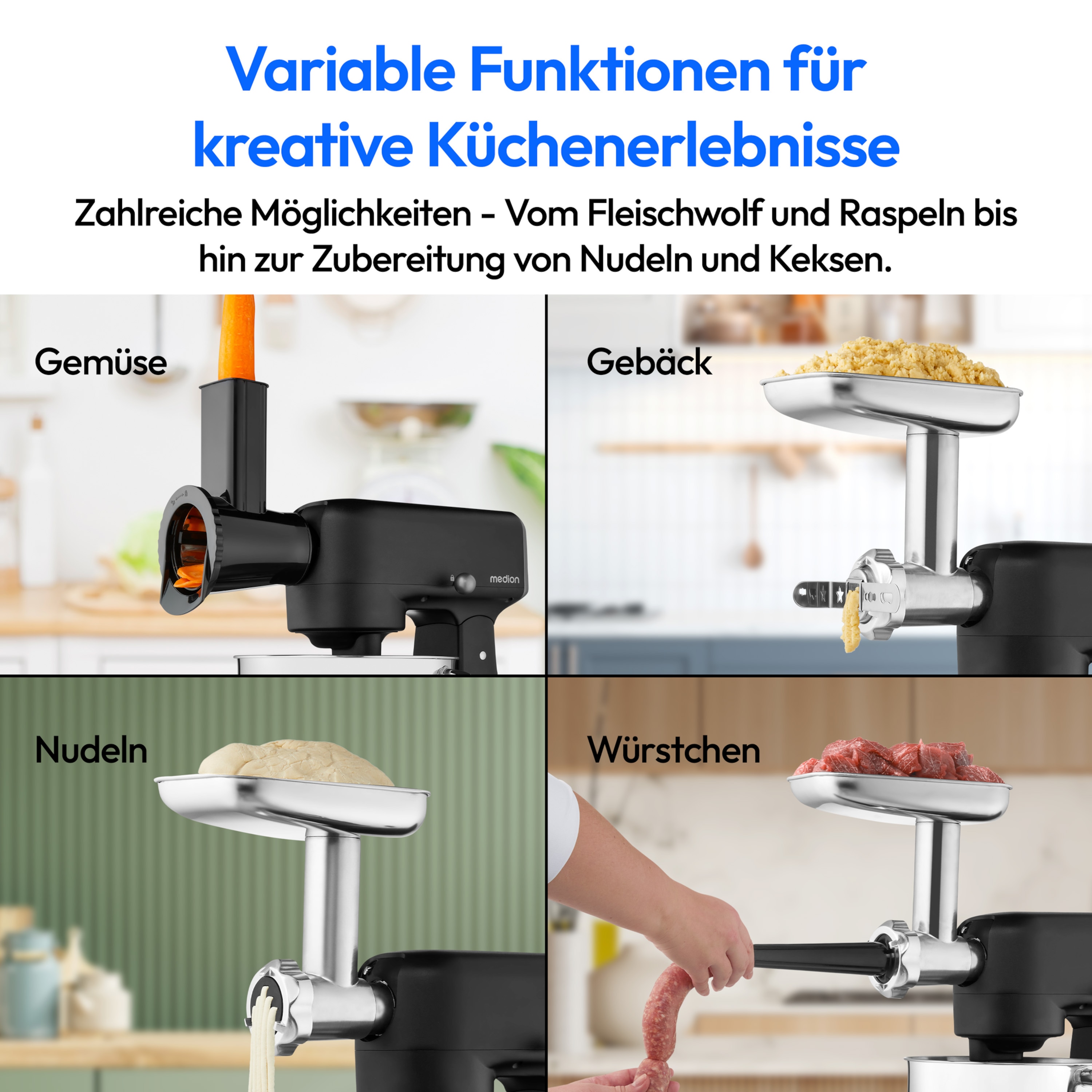 MEDION® LIFE Digitale Küchenmaschine MD12600, 800 W Gleichstrommotor, Energiesparend, Ultraleise, Digitales Sensor-Touch-Display, 4,6 L Edelstahlschüssel, Inkl. Fleischwolf