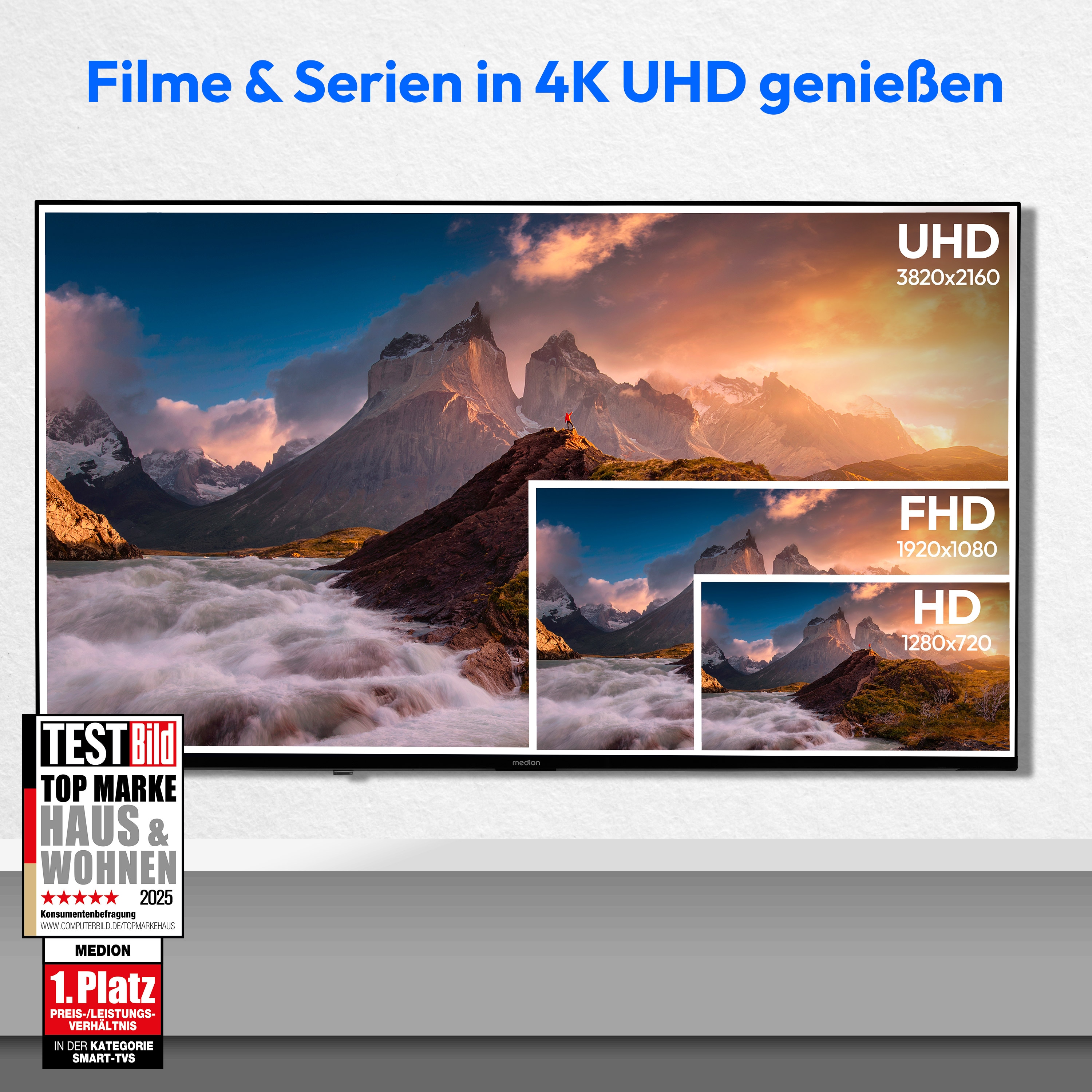 MEDION® LIFE X8652504 (MD 865600) QLED Smart-TV, 163,9 cm (65'') Ultra HD Display, HDR, Dolby Vision®, MEMC, PVR ready, VIDAA App Store, NETFLIX, Disney+, Paramount+ & Amazon Prime Video App, Bluetooth®, DTS X, Dolby Atmos®, HD Triple Tuner