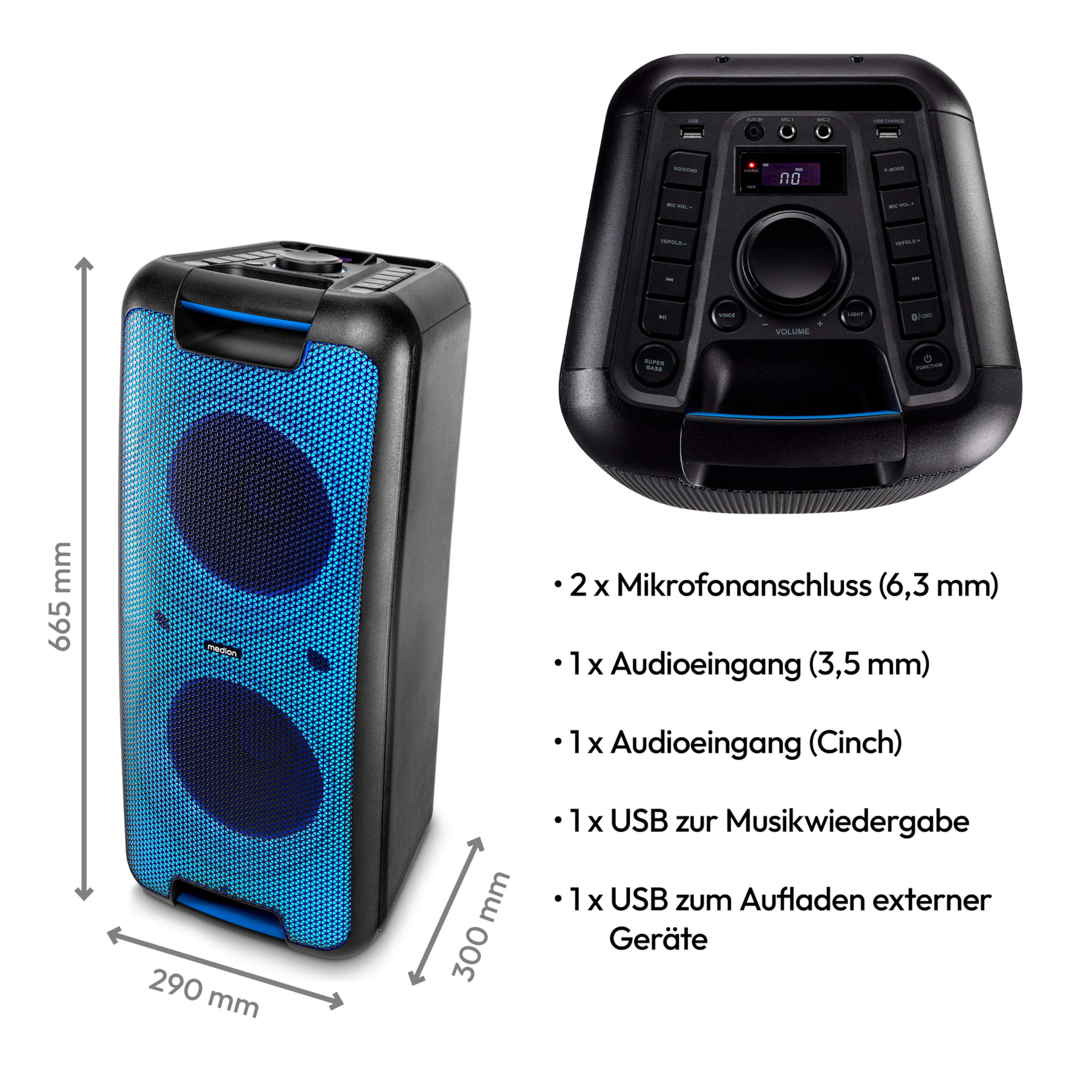 MEDION® LIFE® PX-1 Plus Partylautsprecher, tragbares Bluetooth® Soundsystem, verschiedene Lichteffekte, satter Sound, True Wireless Stereo Funktion, 2 x 50 W RMS