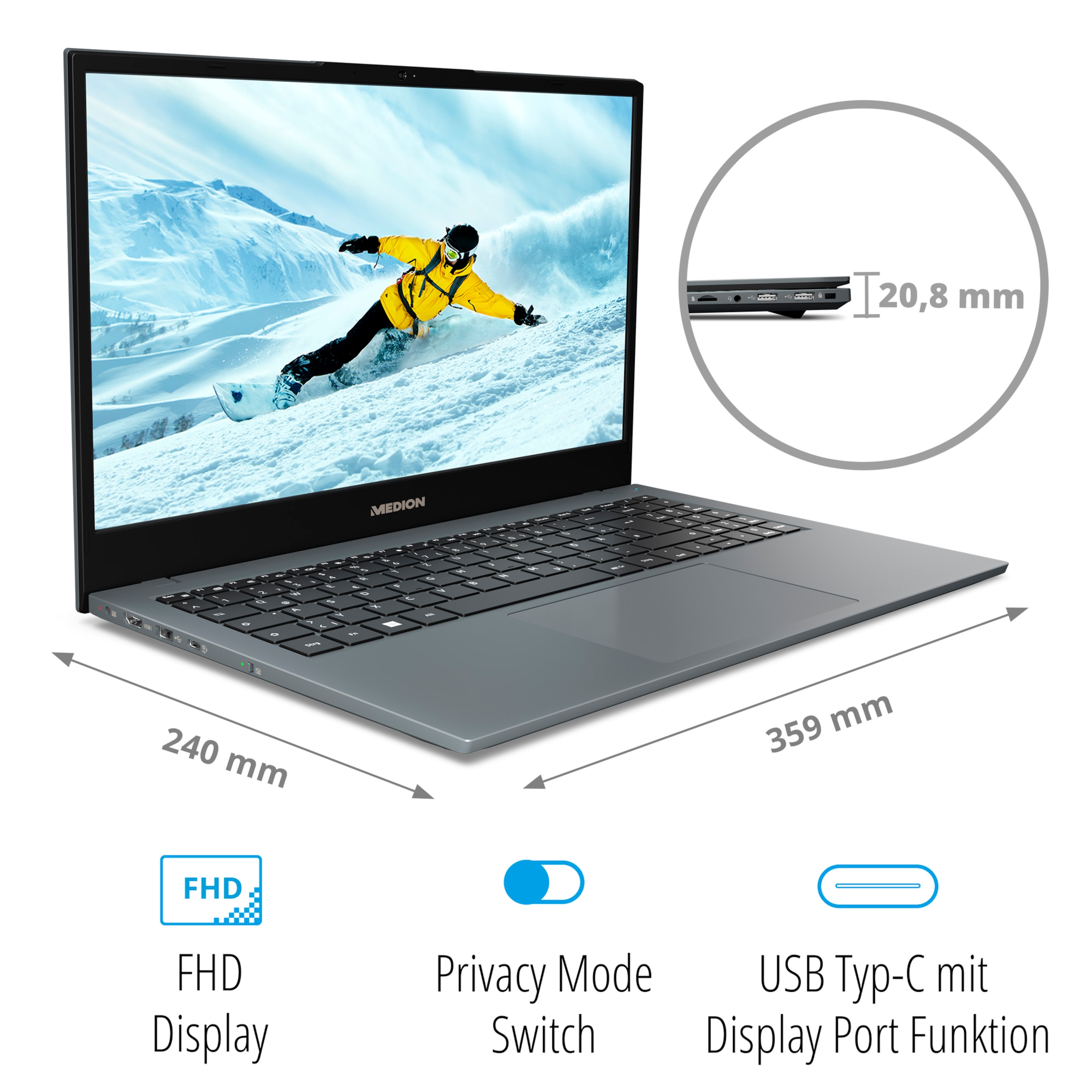MEDION® E15415, Intel® Core™ i5-10210U, Windows 11 Home, 39,6 cm (15,6'') FHD Display, 512 GB SSD, 8 GB RAM, Laptop (B-Ware)