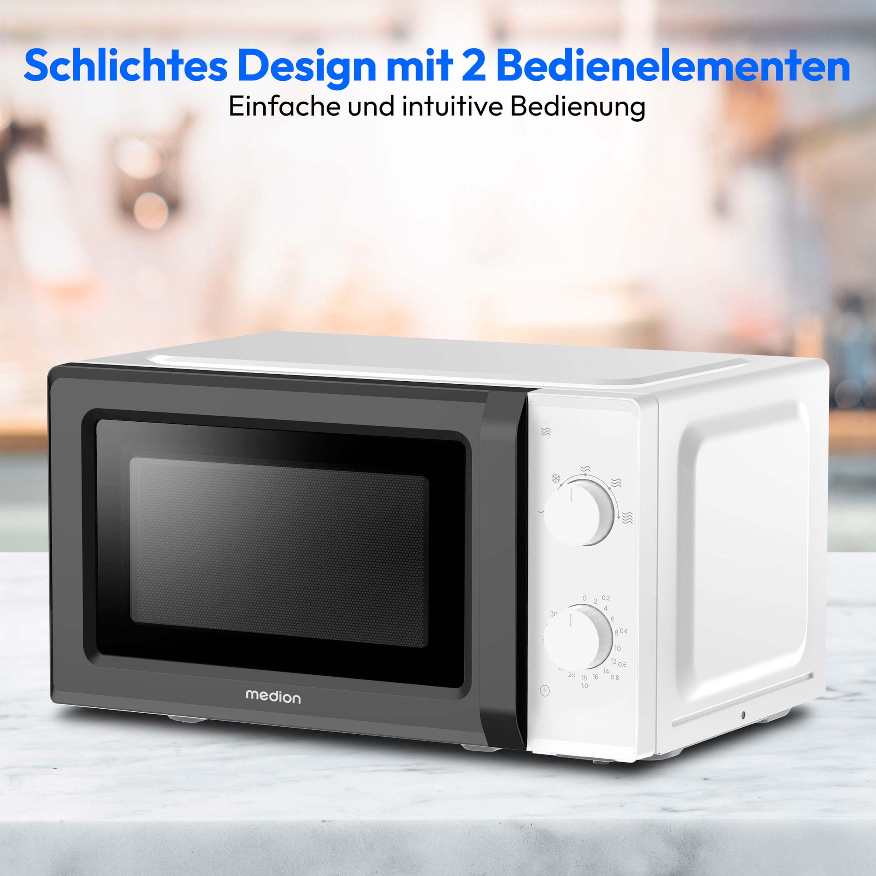 MEDION® LIFE® Mikrowelle MD 11475, 700 W Leistung, 20 L kompakt, 5 Mikrowellenstufen, Auftaufunktion, Timerfunktion