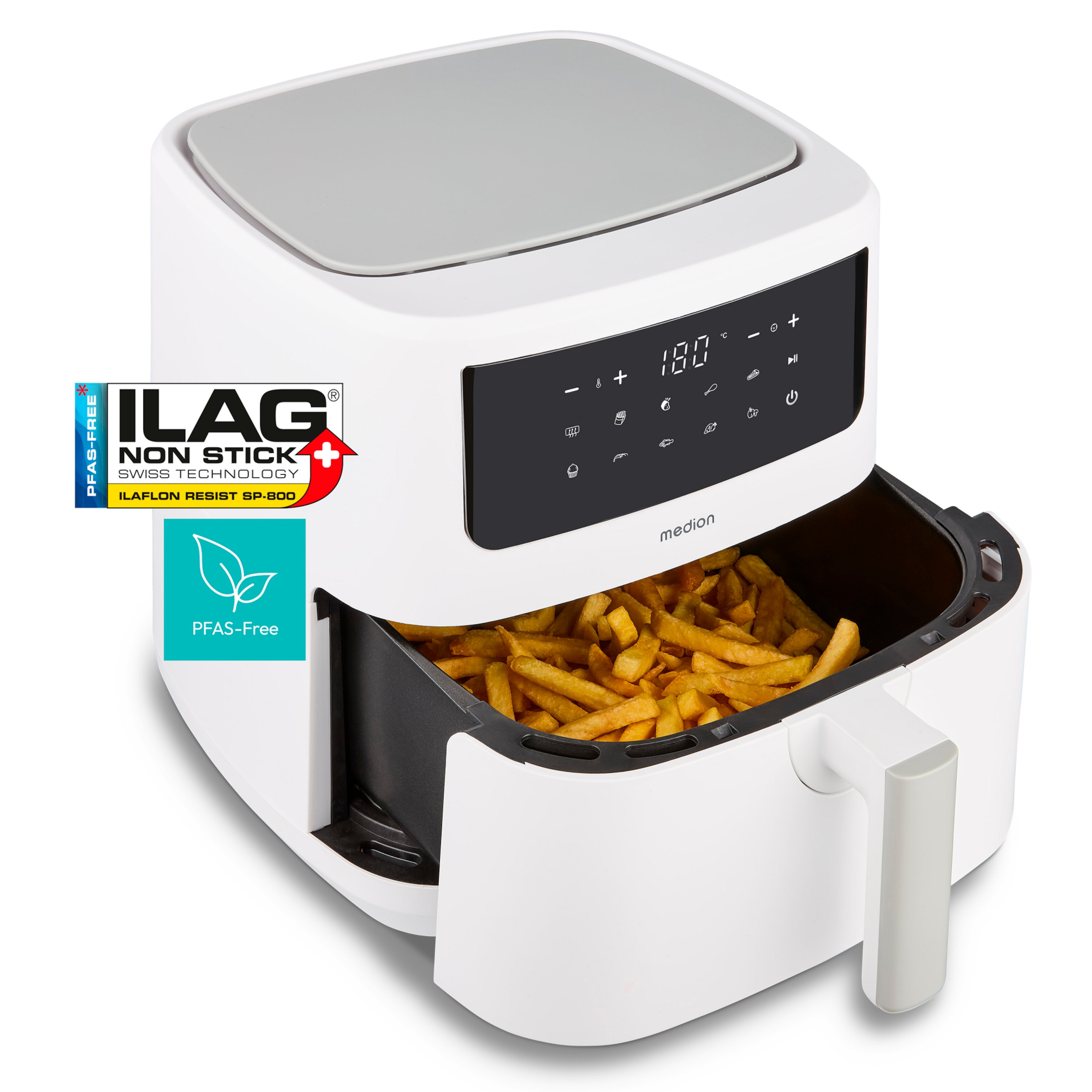MEDION® LIFE® P10 XL Duo matt Heißluftfritteuse MD 11750, 100 Rezepte in der Life+ App, mit 2 Heizelementen, 2.150 W Gesamtleistung, ölfreies Frittieren, 9 Automatikprogramme, 6,8 L Nutzinhalt