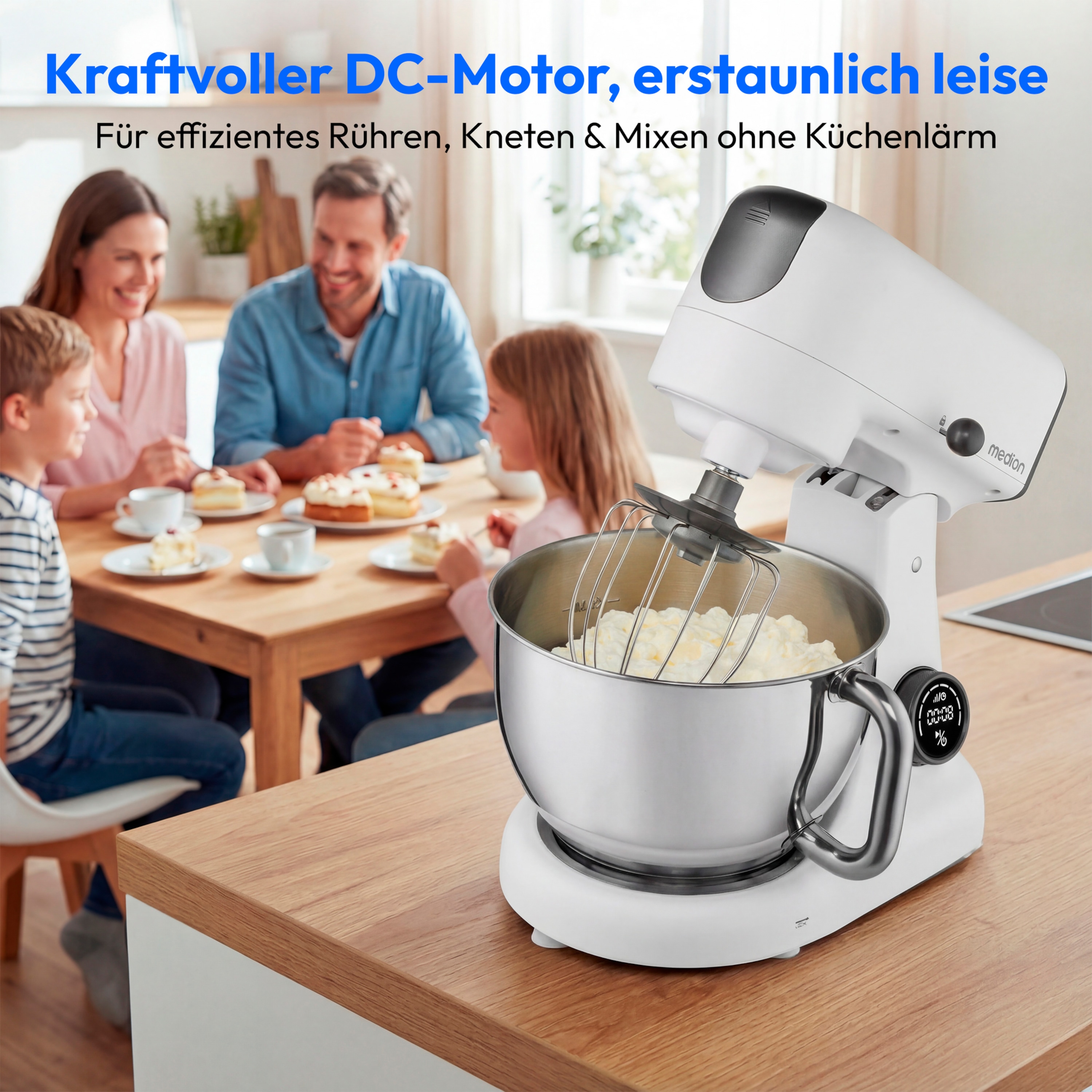 MEDION® LIFE Digitale Küchenmaschine MD12600 weiß, 800 W Gleichstrommotor, Energiesparend, Ultraleise, Digitales Sensor-Touch-Display, 4,6 L Edelstahlschüssel, Inkl. Fleischwolf