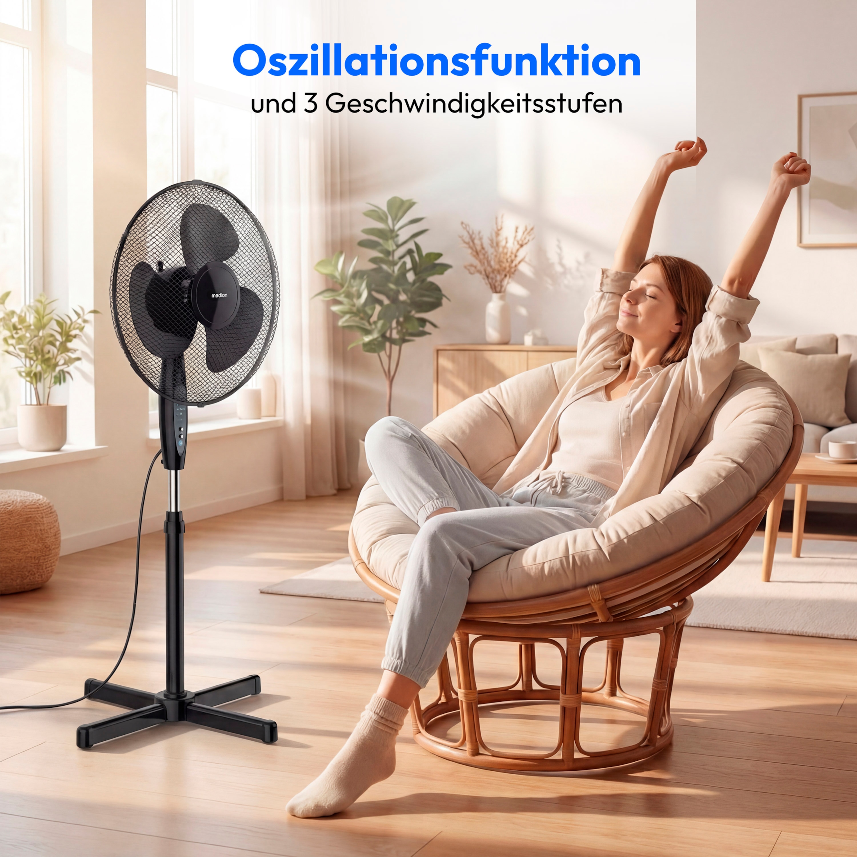 MEDION® LIFE E10 SF Standventilator mit Fernbedienung (MD 18795), 3 Geschwindigkeitsstufen, verstellbarer Höhe, Schwenkfunktion, Timer-Funktion