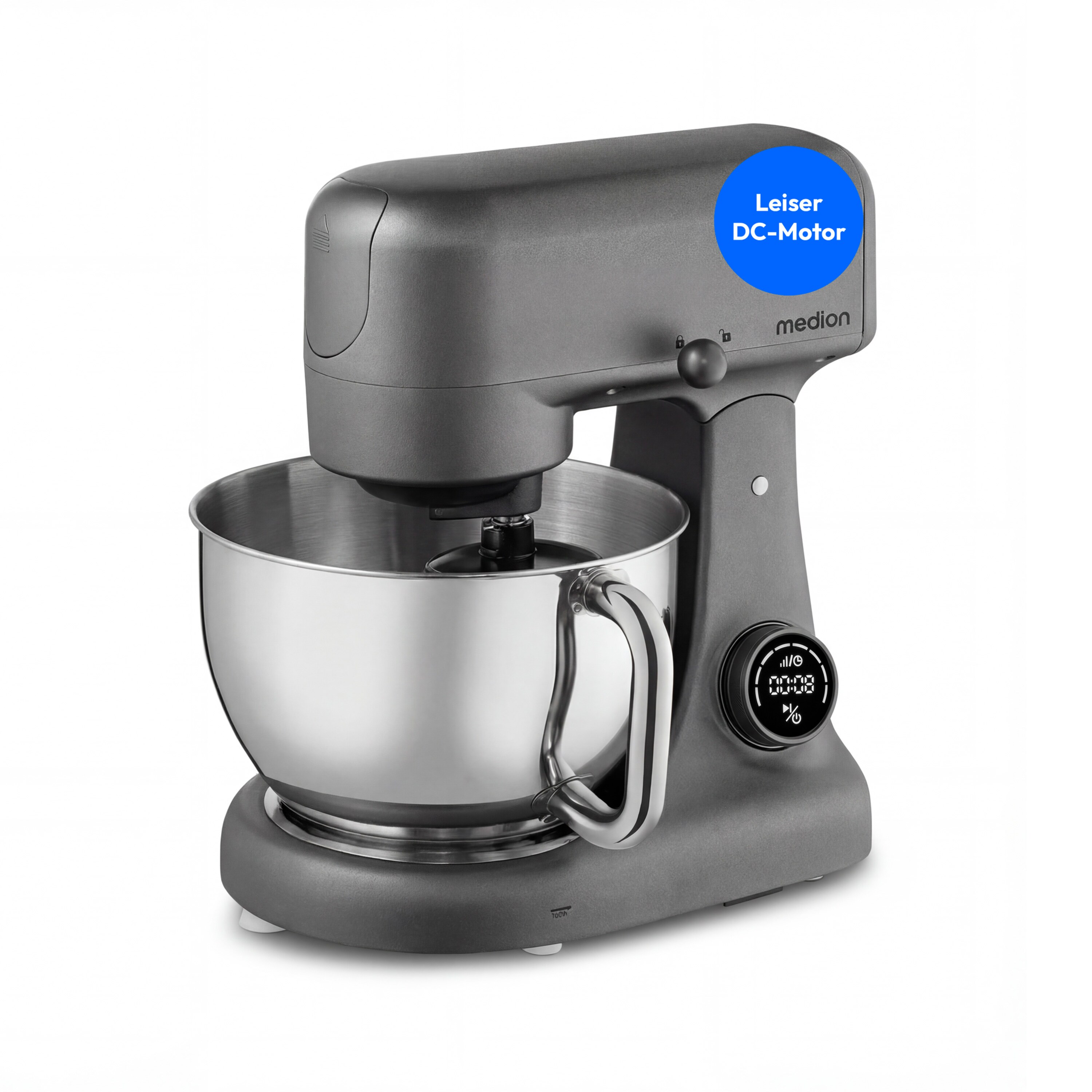 MEDION® LIFE Digitale Küchenmaschine MD12600 titan, 800 W Gleichstrommotor, Energiesparend, Ultraleise, Digitales Sensor-Touch-Display, 4,6 L Edelstahlschüssel, Inkl. Fleischwolf