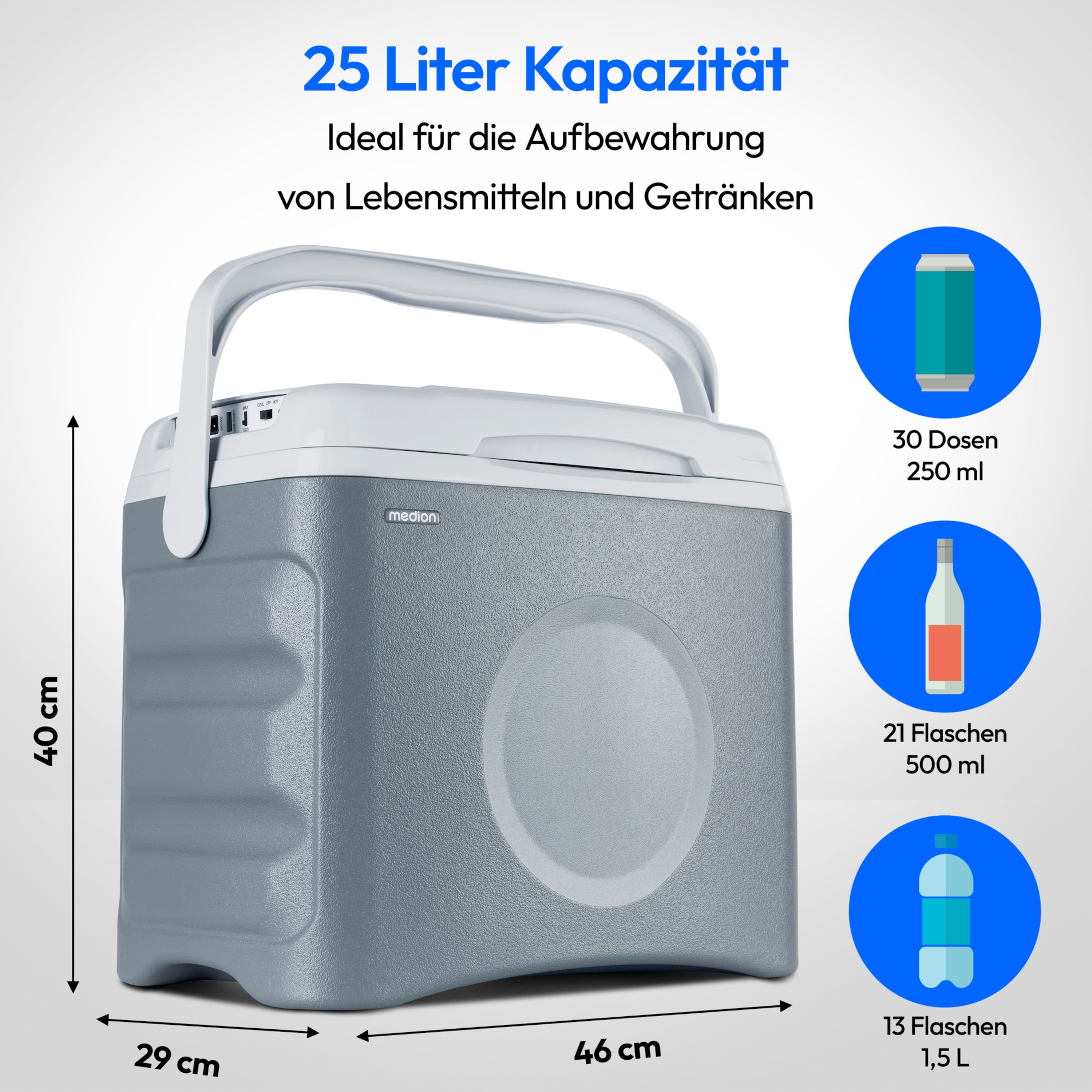 MEDION® LIFE® Thermoelektrische Kühlbox MD 10735, Kühl- und Warmhaltefunktion, 25 L Kapazität, 12V-, 230V- und USB-Anschlüsse zur Stromversorgung