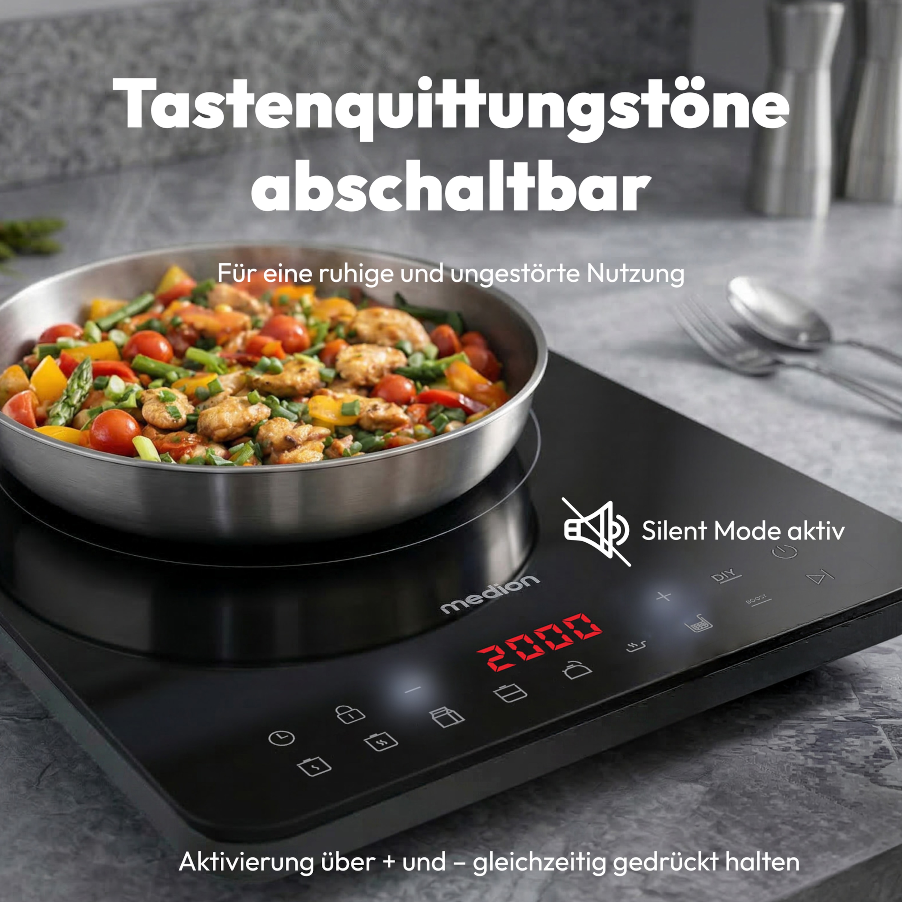 MEDION® Induktionskochplatte MD 100090, extra flach, 2100 Watt Induktionsleistung, 8 Automatikprogramme, LED Display, automatische Topferkennung