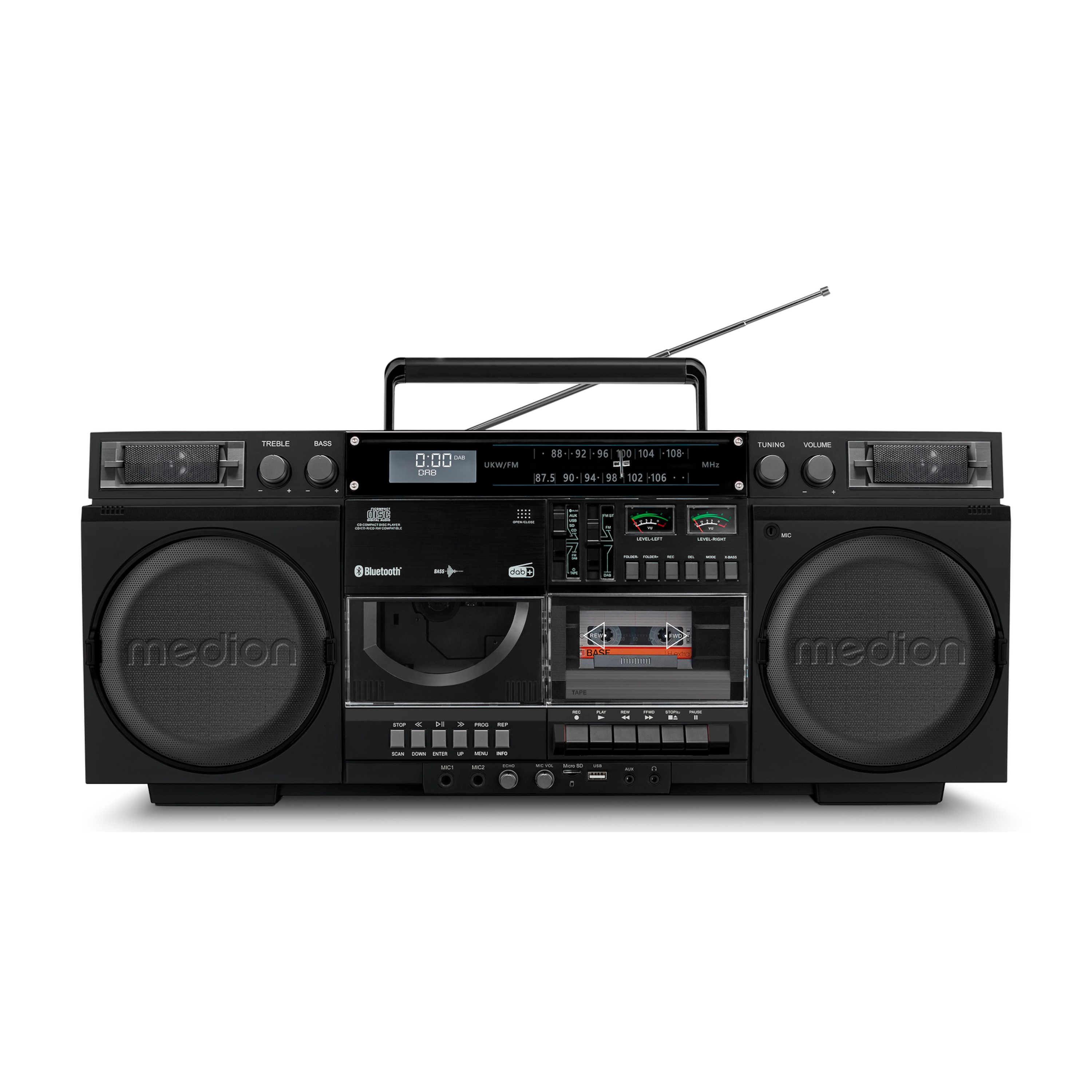 MEDION® LIFE P66538 Retro-Boombox schwarz, DAB+/PLL-UKW Radio, Bluetooth® 5.3 für das Abspielen von Smartphone & Co, CD-Player, Kassettendeck, X-Bass Funktion, 2 x 10 W RMS