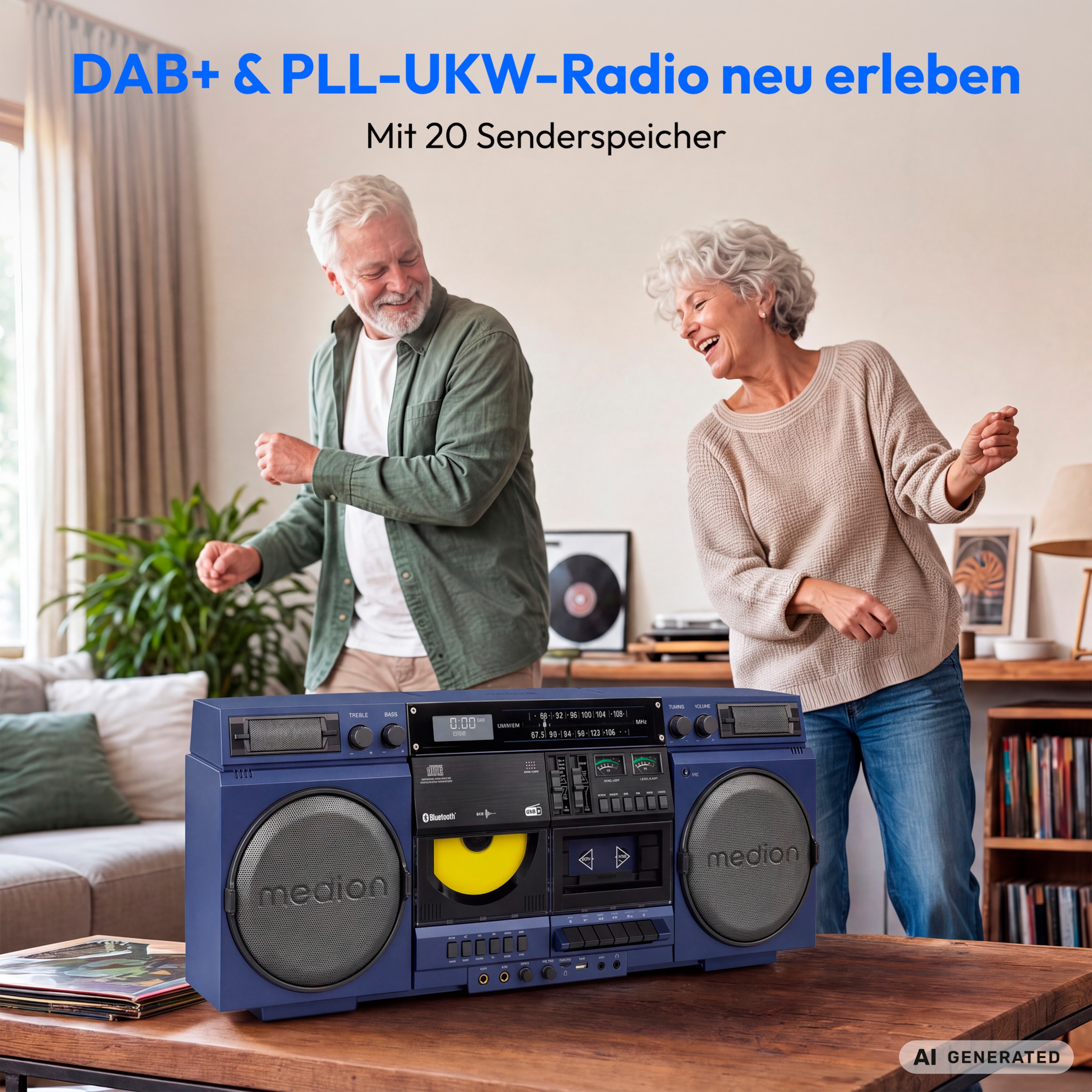 MEDION® LIFE P66538 Retro-Boombox blau, DAB+/PLL-UKW Radio, Bluetooth® 5.3 für das Abspielen von Smartphone & Co, CD-Player, Kassettendeck, X-Bass Funktion, 2 x 10 W RMS