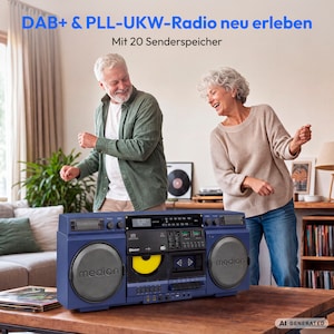 MEDION® LIFE P66538 Retro-Boombox blau, DAB+/PLL-UKW Radio, Bluetooth® 5.3 für das Abspielen von Smartphone & Co, CD-Player, Kassettendeck, X-Bass Funktion, 2 x 10 W RMS