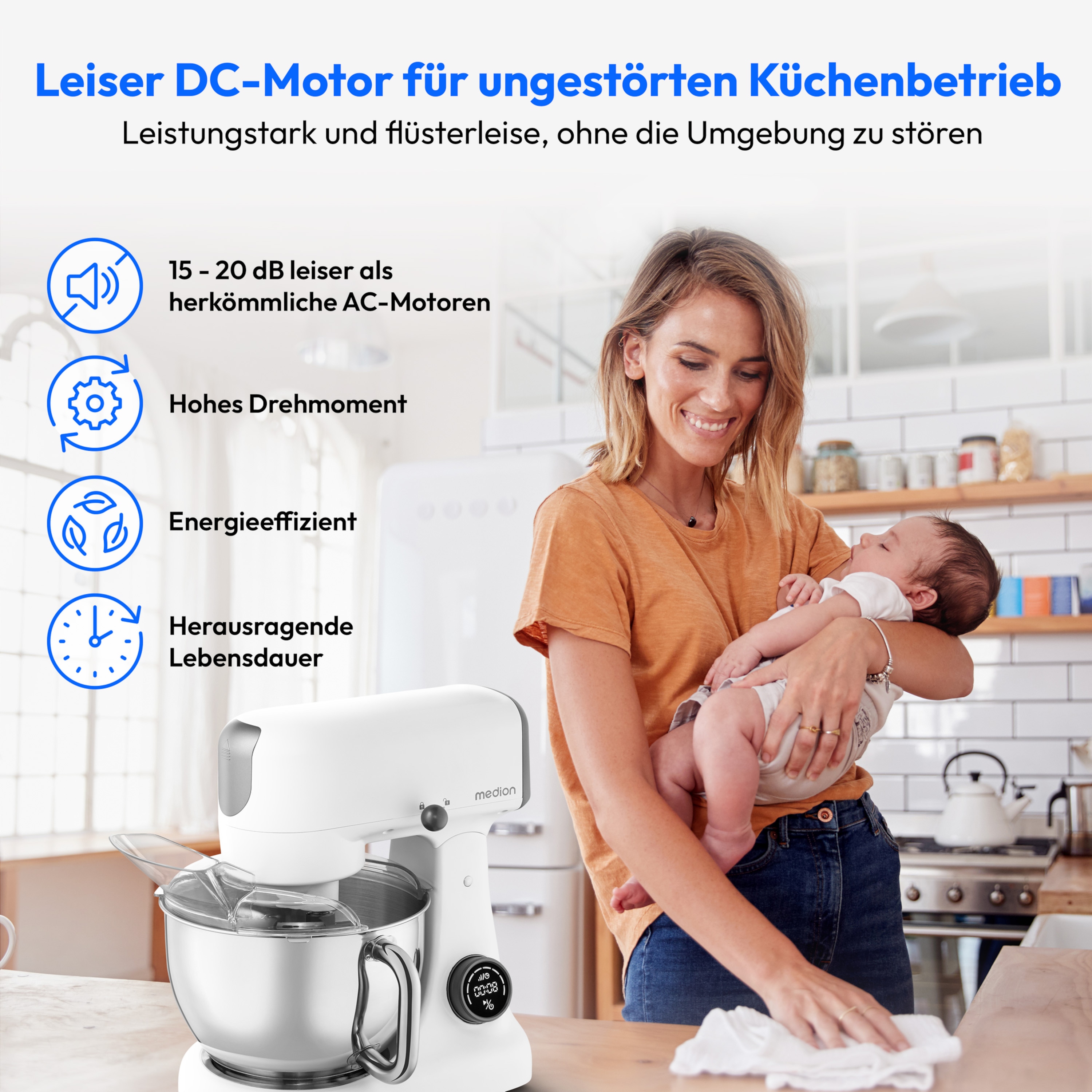 MEDION® LIFE Digitale Küchenmaschine MD12600, 800 W Gleichstrommotor, Energiesparend, Ultraleise, Digitales Sensor-Touch-Display, 4,6 L Edelstahlschüssel, Inkl. Fleischwolf