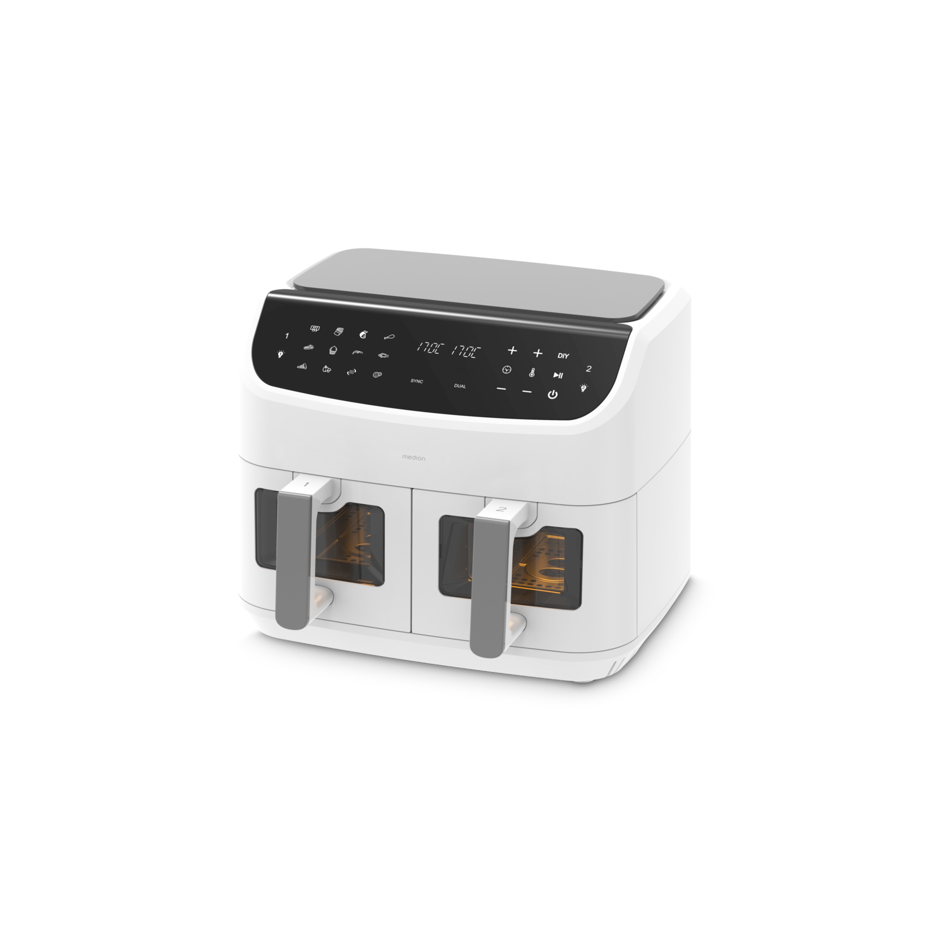 MEDION® LIFE® P20 XXL Twin Matt Doppelzonen-Heißluftfritteuse MD11760, 100 Rezepte in der Life+ App, 2 separate Garzonen, 9 Automatikprogramme, 8,7 L Gesamt-Nutzinhalt, 2.600 Watt, Temperatur einstellbar bis 200 °C