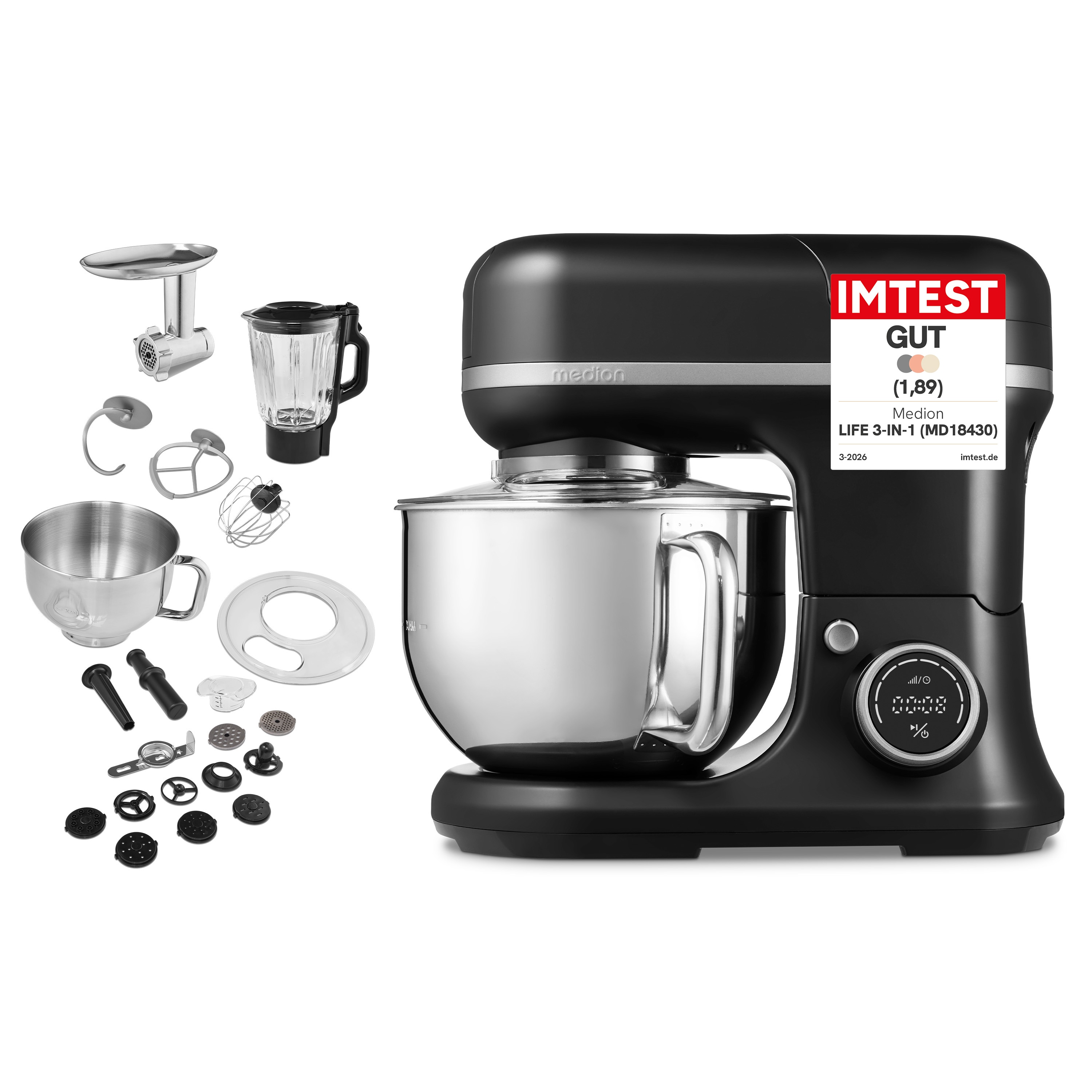 MEDION® LIFE 3-in-1 Digitale Küchenmaschine MD18430, 1.200 W, 8 Geschwindigkeitsstufen, Digitales Sensor-Touch-Display, umfangreiches Zubehör