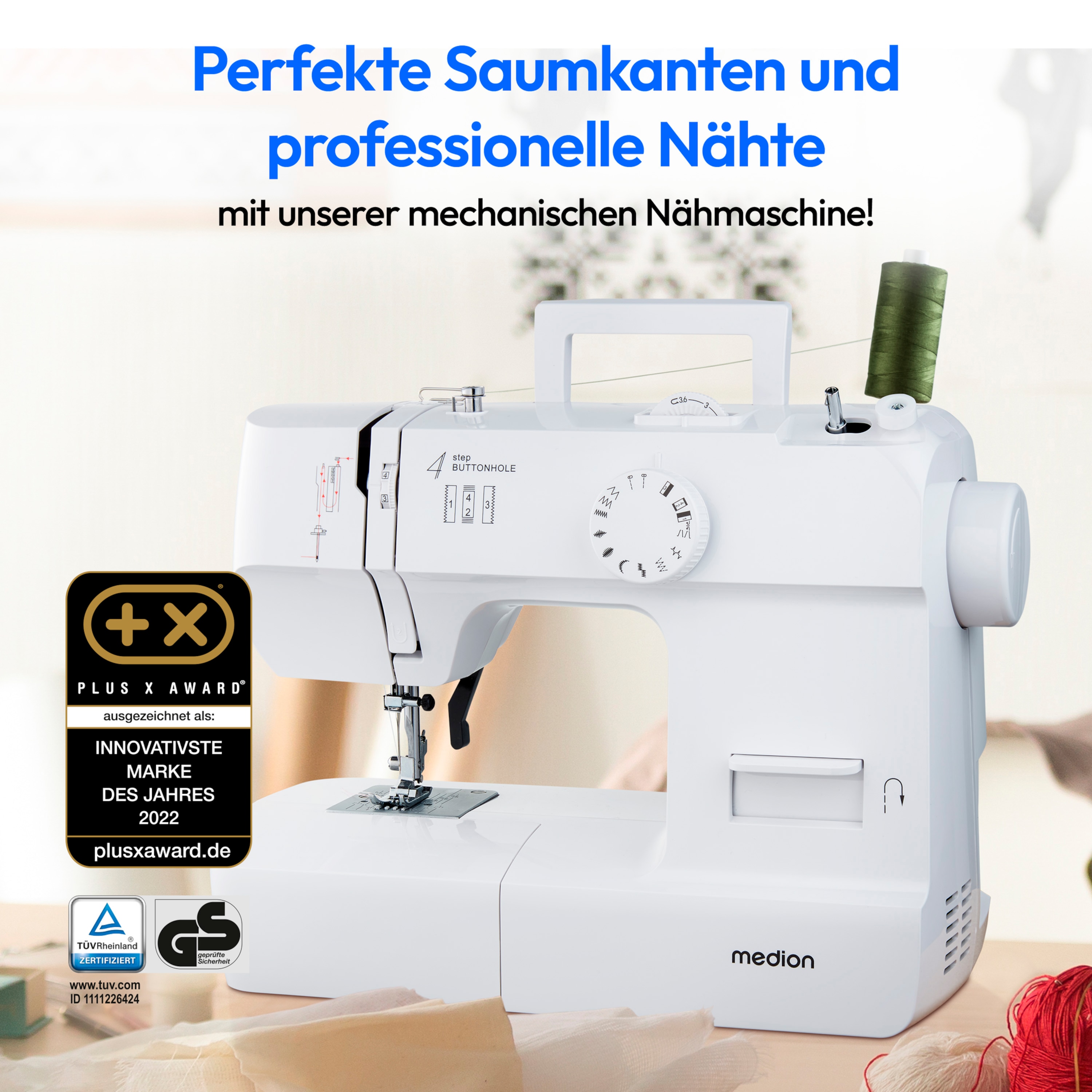 MEDION® LIFE Nähmaschine SM70 (MD 11179), 12 verschiedene Stickmuster, 4 Schritte Knopfloch, einstellbare Stichlänge, 70 Watt Motorleistung