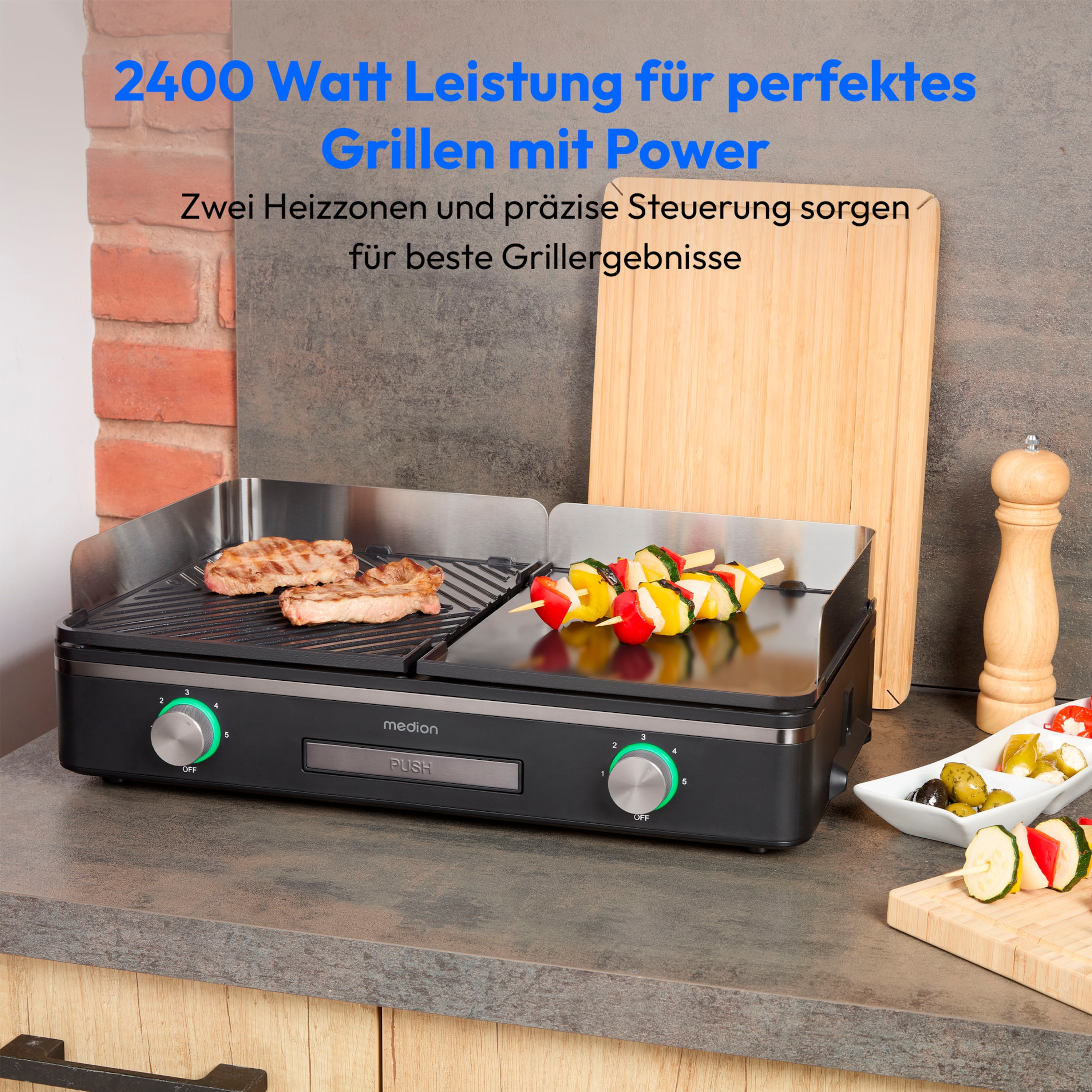 MEDION® LIFE Tischgrill mit Dual-Zonen-System (MD12027), 2,400 Watt, 2 abnehmbare Platten, LED-Statusanzeige (weiß, rot, grün), IPX4-Schutz