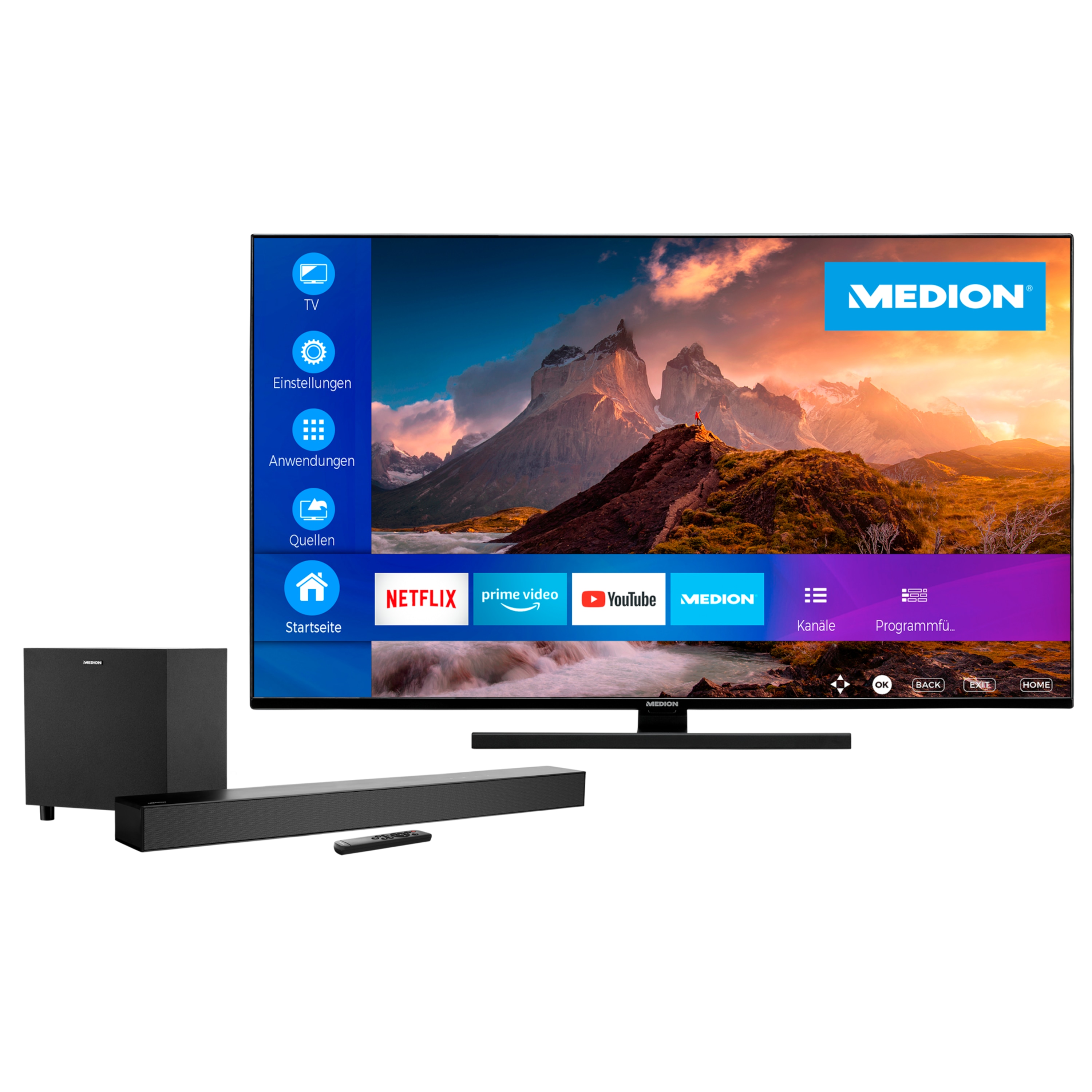 MEDION® Entertainment-Bundle - LIFE® X16521 (MD 30963) QLED Smart-TV, 163,9 cm (65'') Ultra HD Display + Soundbar Atmos (MD44022)