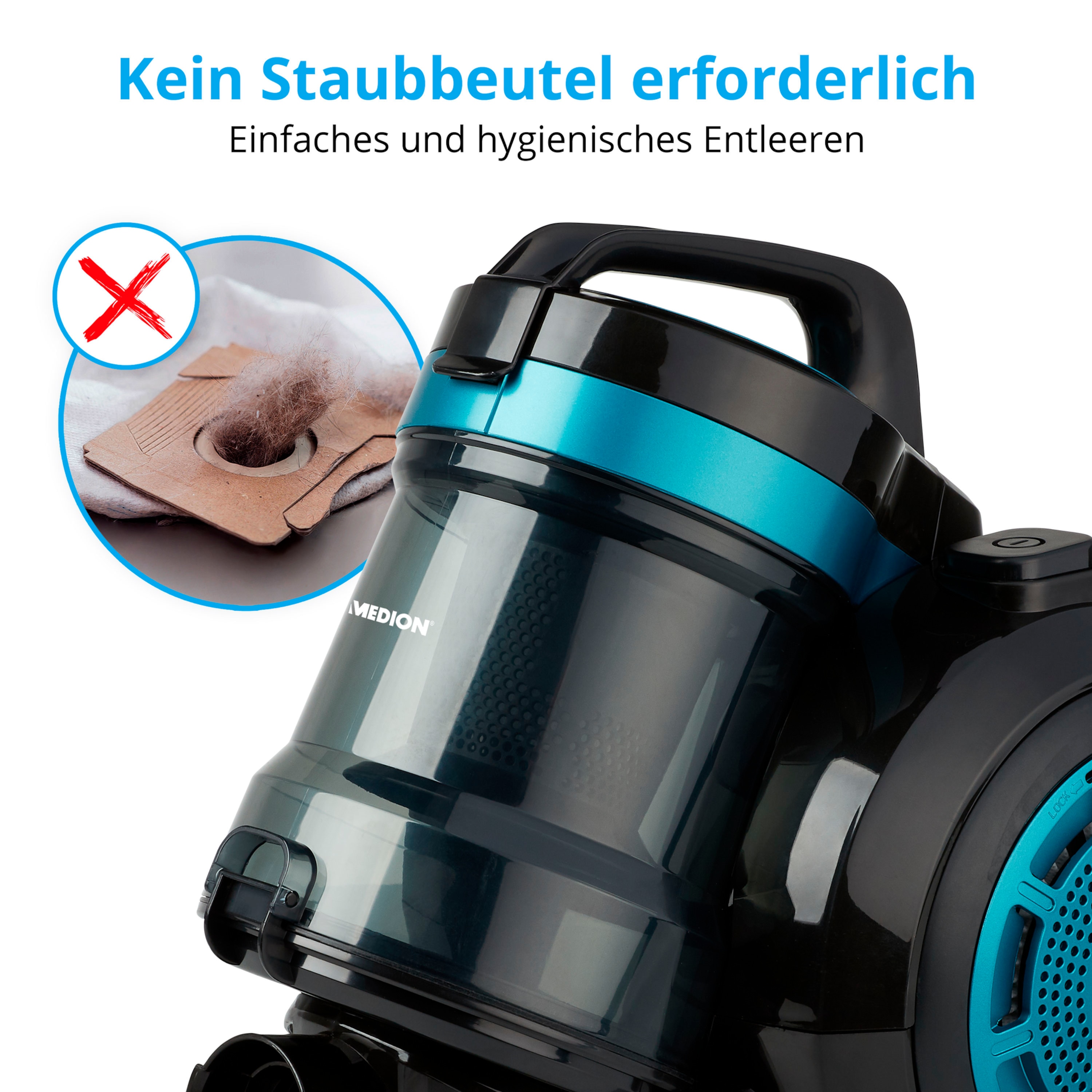 MEDION® Beutelloser Zyklon-Staubsauger MD 19407, 150W Saugleistung, Staubbehälterkapazität 2 L, EPA Filter, integriertes Zubehör