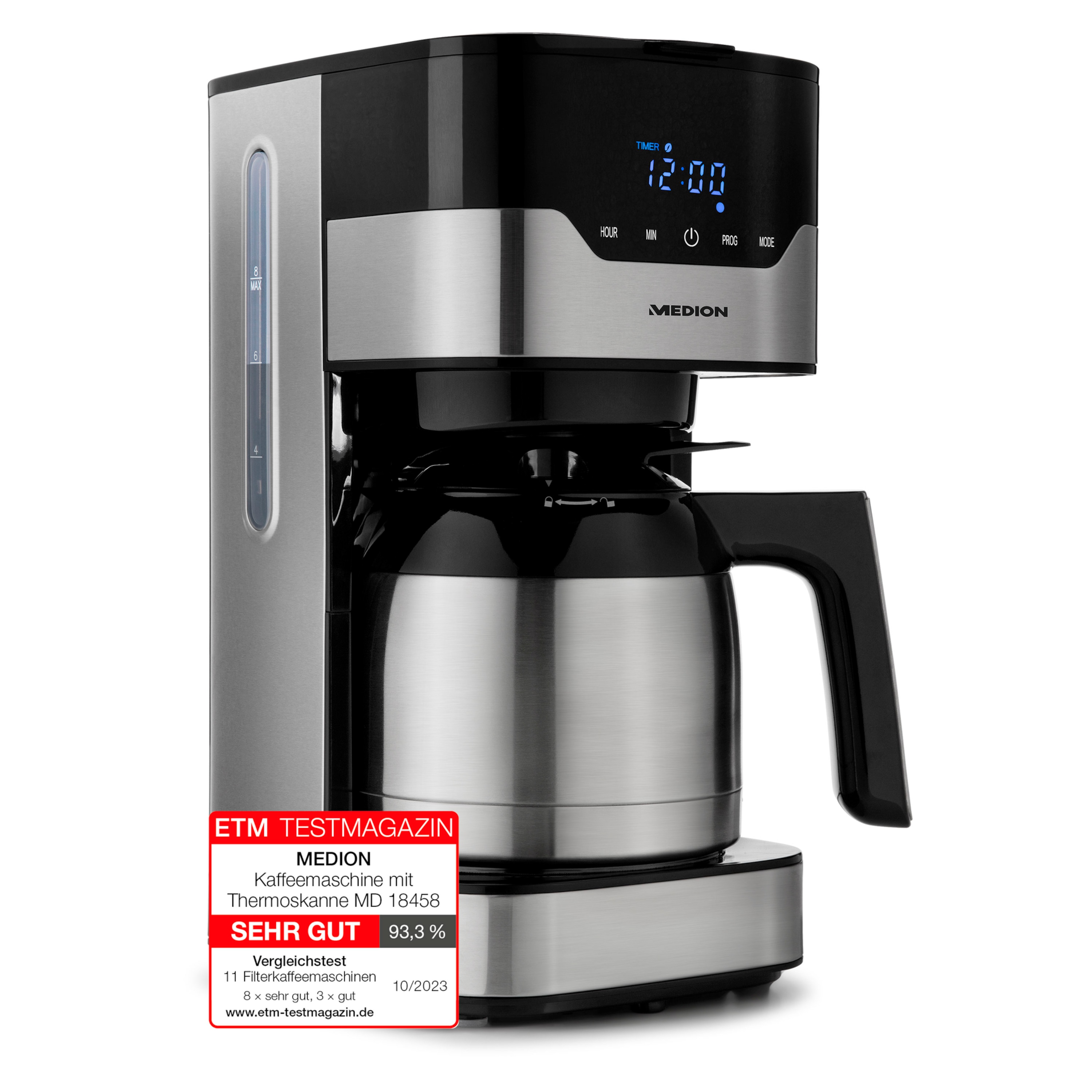 MEDION® Kaffeemaschine mit Thermokanne MD 18458, Timer-Funktion, Tropf-Stopp, 900 Watt, 1,2 Liter Fassungsvermögen, Aromawahlschalter