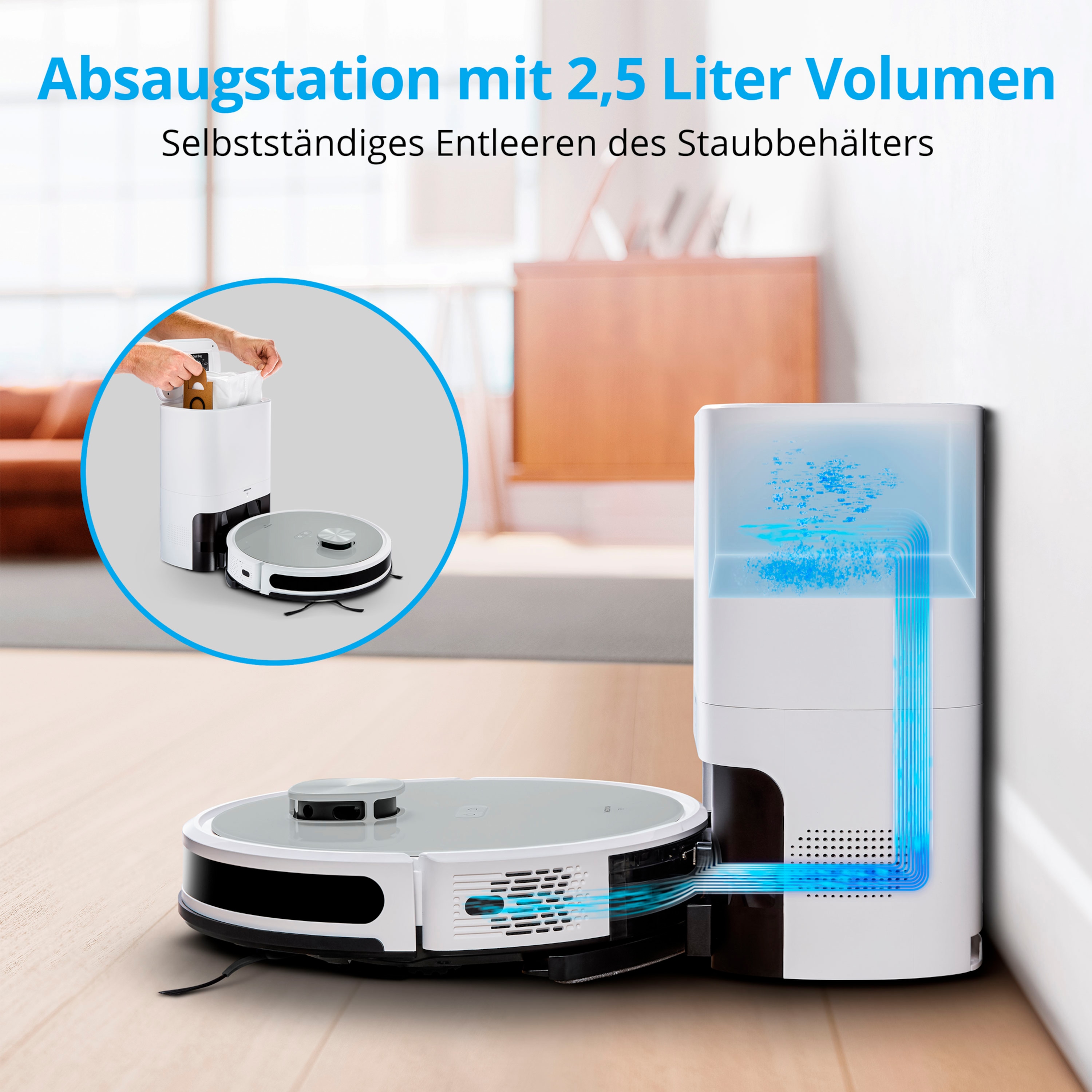 MEDION® Saugroboter mit Absaugstation X21 SW, Wischfunktion, Lasernavigation, 3.000 Pa Saugkraft, No Go & Go Bereiche, präzise Kartenerstellung, mehrere Etagen, App-Steuerung
