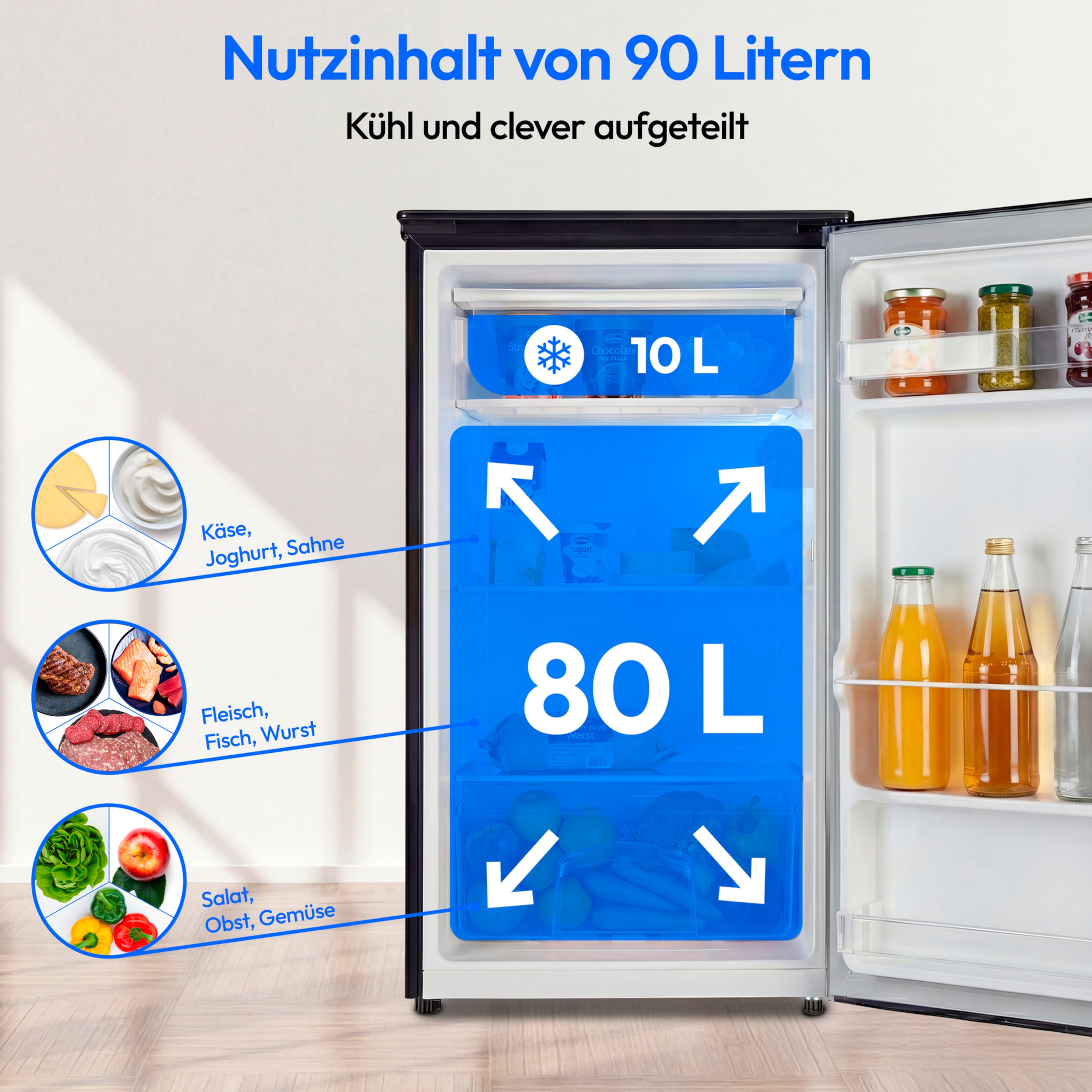 MEDION® LIFE Kühlschrank mit Eiswürfelfach MD 370033 Anthrazit, 90 L Gesamt-Nutzinhalt (Kühlteil 80 L & Eiswürfelfach 10 L), wechselbarer Türanschlag, geringer Geräuschpegel