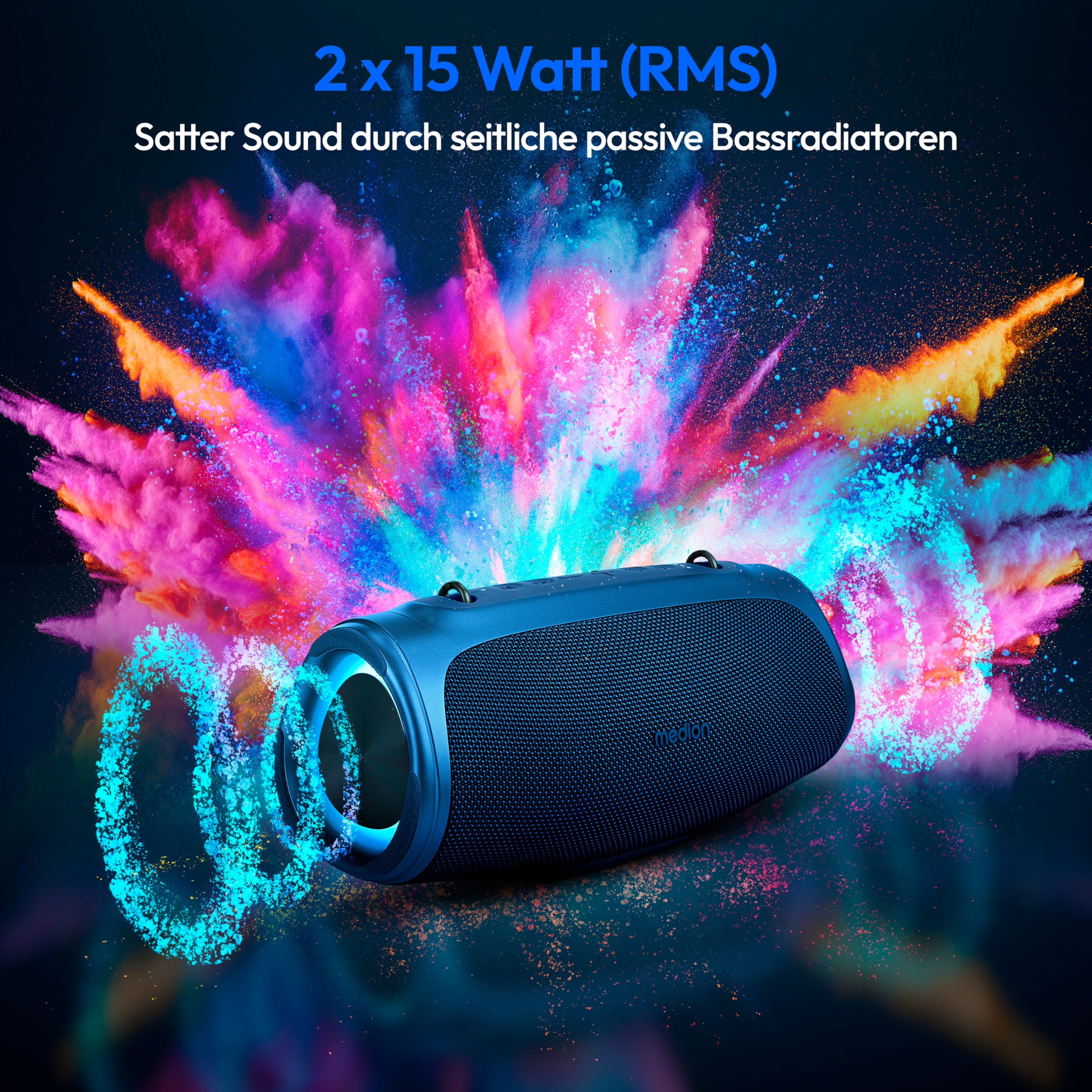 MEDION P61768 Bluetooth Speaker – 100W RMS, 30 Uur Batterij, IPX7, Powerbank, RGB-licht, Broadcastmodus – Blauw