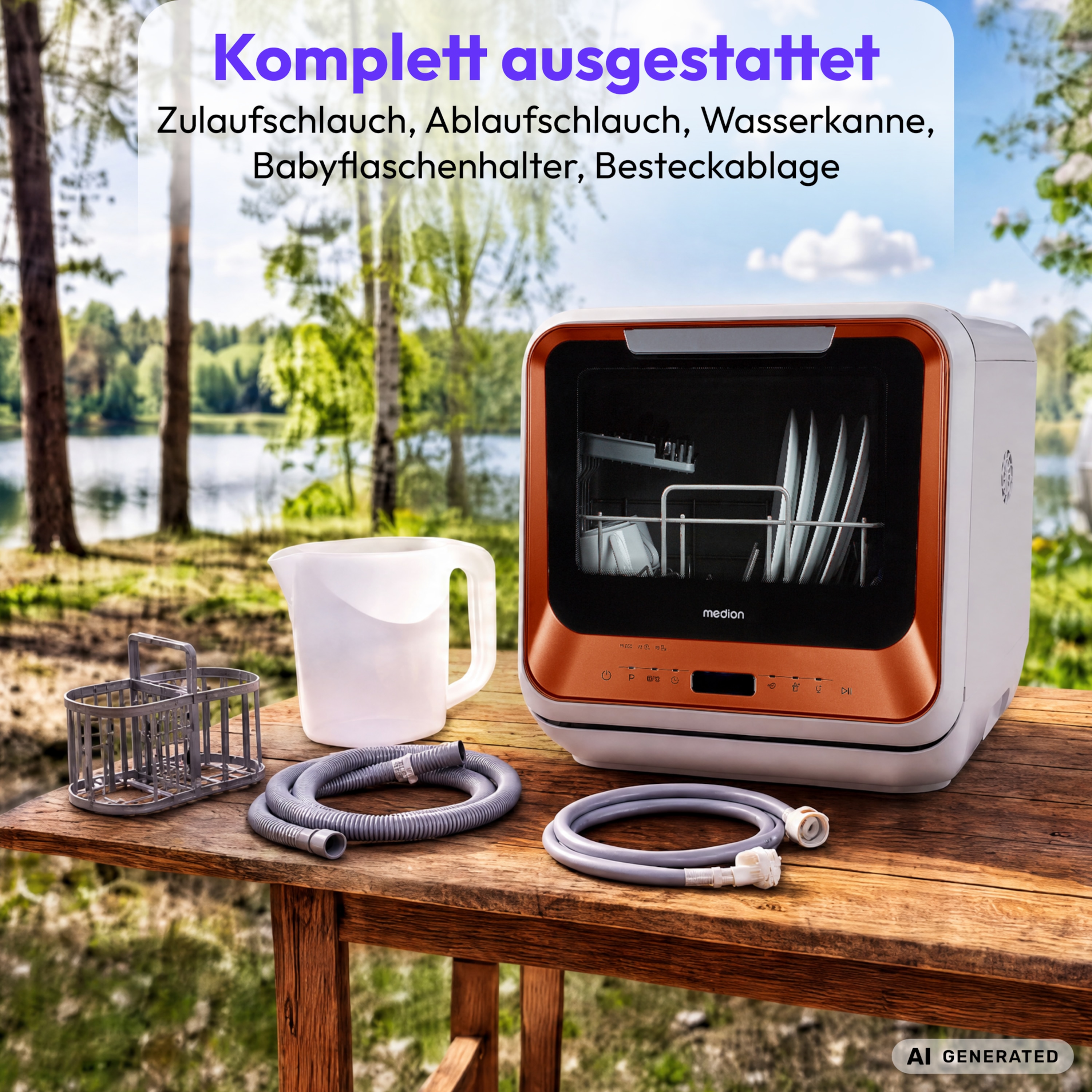 MEDION® LIFE Mini-Geschirrspüler DWT20 (MD37763) bronze, für 2 Gedecke, 6 Reinigungsprogramme, Startzeitvorwahl