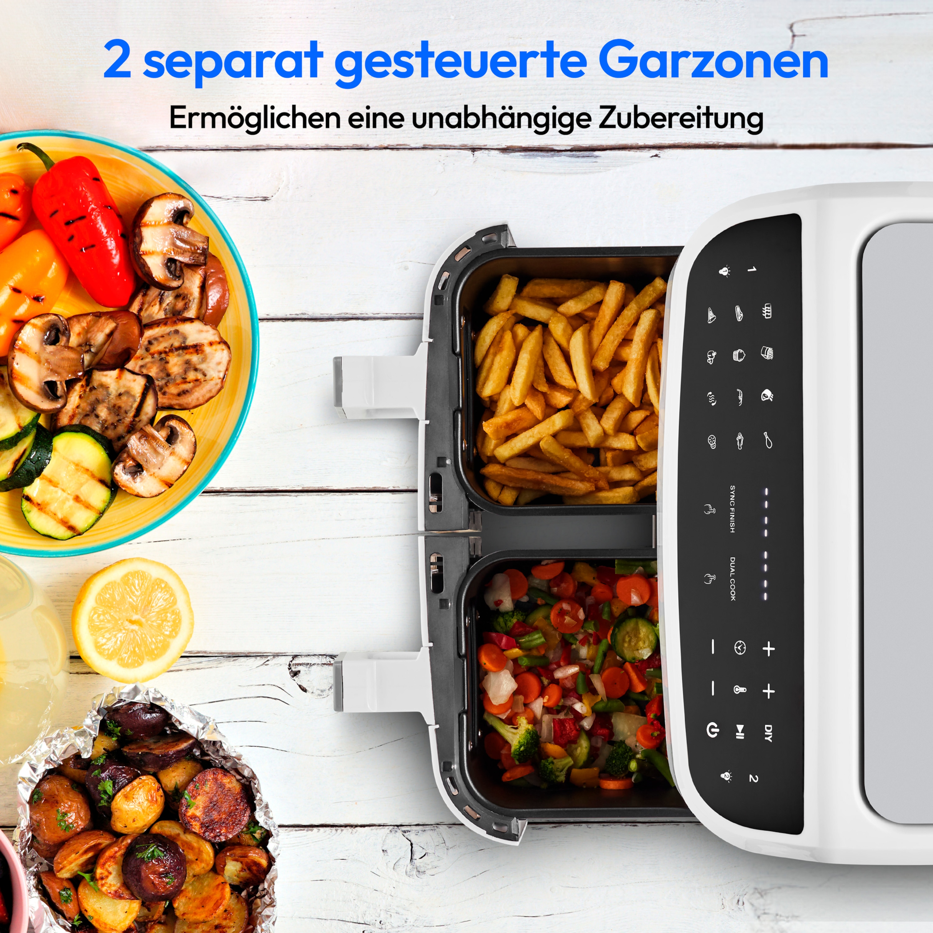 MEDION® LIFE® P20 XXL Twin Doppelzonen-Heißluftfritteuse MD 11760, 100 Rezepte in der Life+ App, 2 separate Garzonen, 9 Automatikprogramme, 8,7 L Gesamt-Nutzinhalt, 2.600 Watt, Temperatur einstellbar bis 200 °C