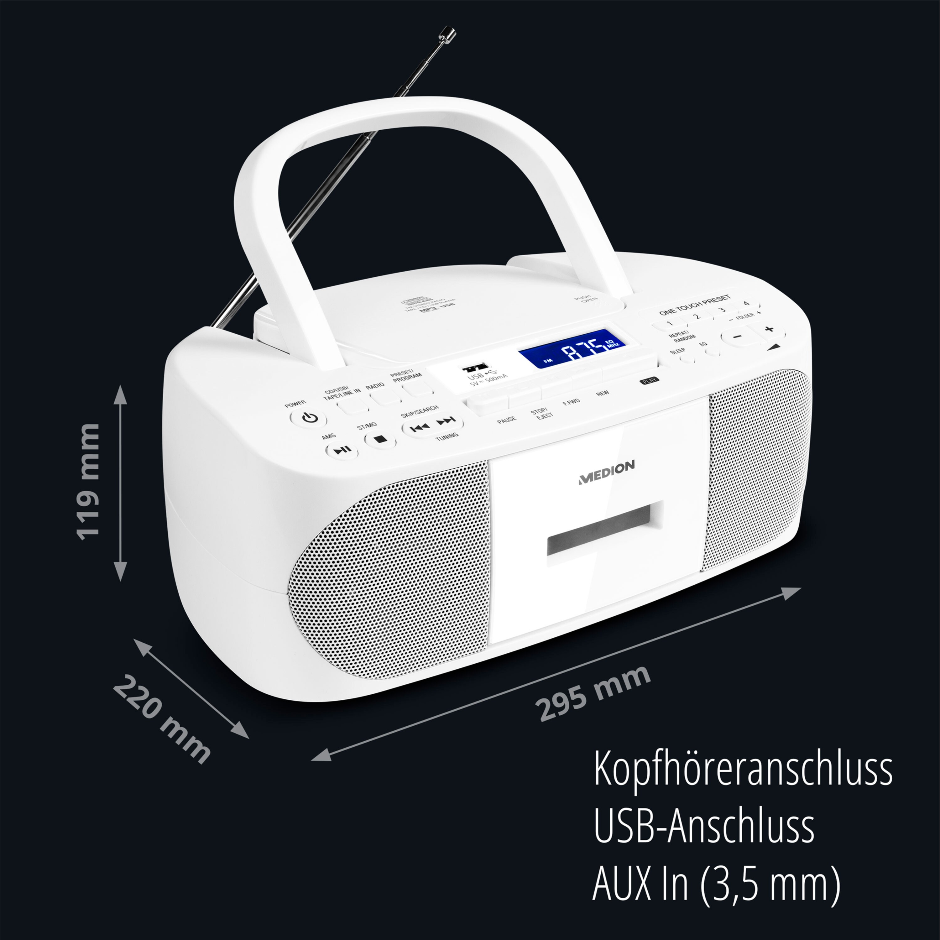 MEDION® LIFE® E64070, CD-Kassetten-Radio mit MP3-Wiedergabe, PLL-UKW Radio, USB Anschluss, CD-R/RW kompatibel, AUX, 2 x 30 W max. Musikausgangsleistung