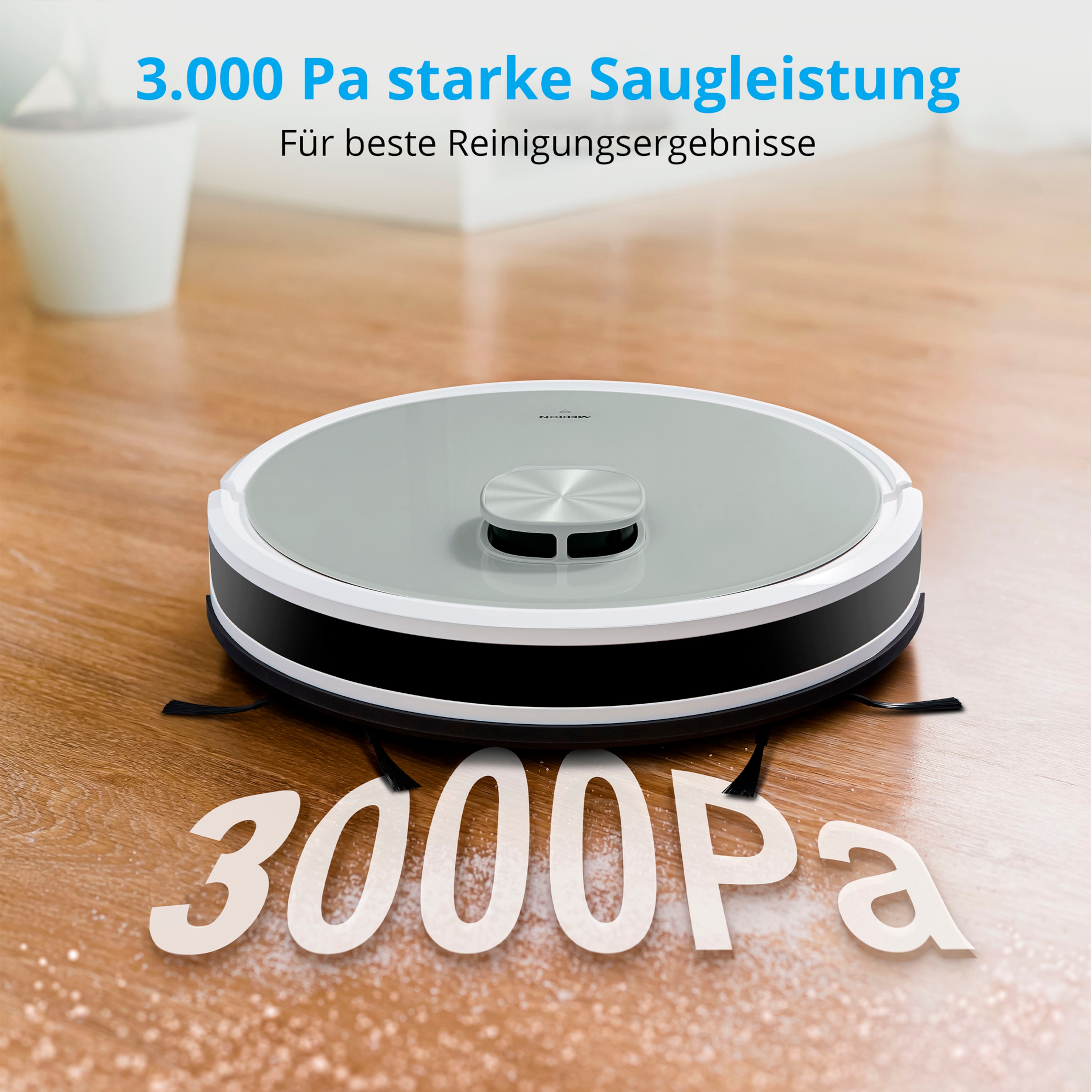 MEDION® Saugroboter mit Absaugstation X21 SW, Wischfunktion, Lasernavigation, 3.000 Pa Saugkraft, No Go & Go Bereiche, präzise Kartenerstellung, mehrere Etagen, App-Steuerung