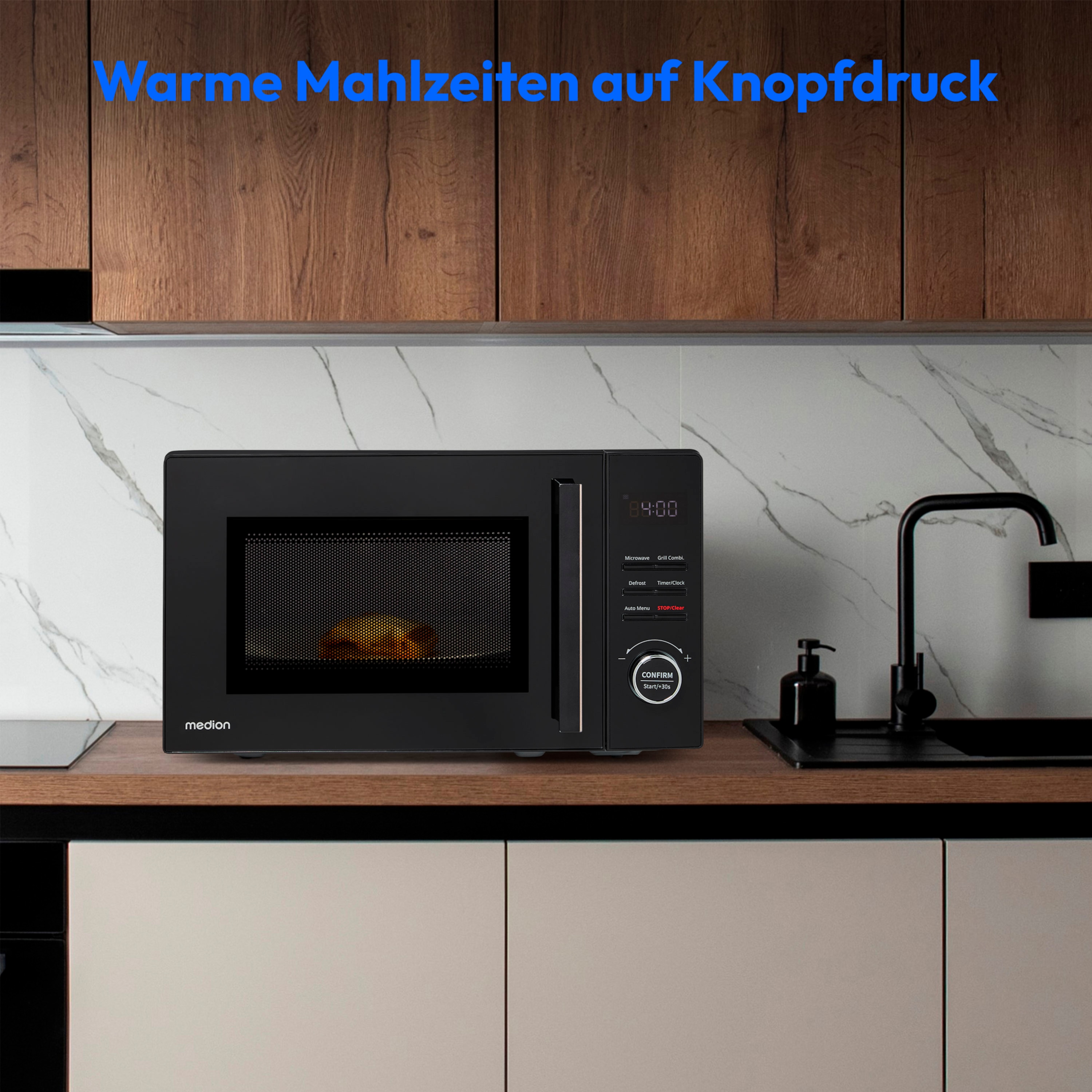 MEDION® LIFE® 2 in 1 Mikrowelle MD12021, 800 Watt Mikrowellenleistung, 1000 Watt Grillleistung, 9 Automatikprogramme, 20 L Kapazität, 5 Leistungsstufen, digitaler 95 min. Timer, Auftaufunktion