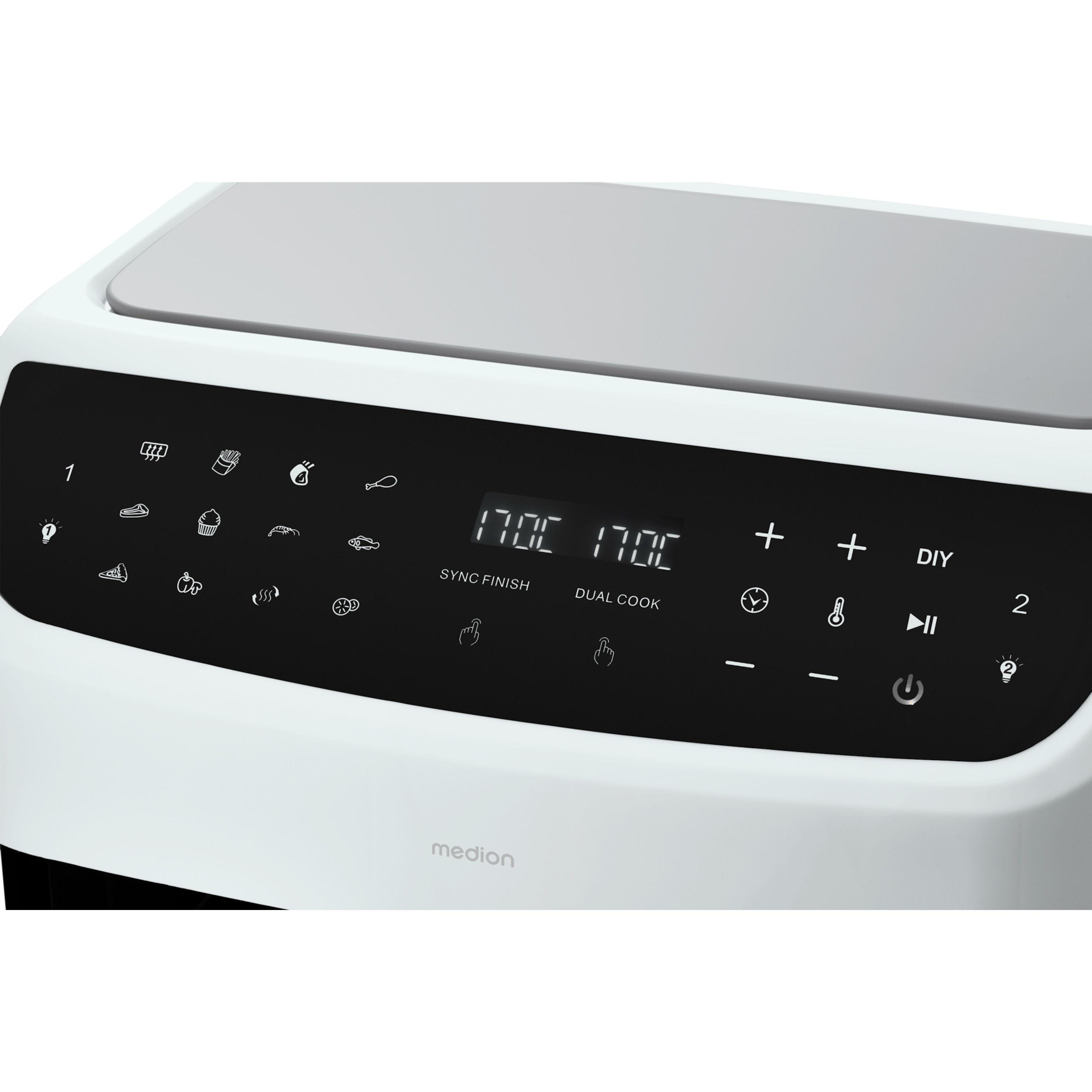 MEDION® LIFE® P20 XXL Twin Doppelzonen-Heißluftfritteuse MD 11760, 100 Rezepte in der Life+ App, 2 separate Garzonen, 9 Automatikprogramme, 8,7 L Gesamt-Nutzinhalt, 2.600 Watt, Temperatur einstellbar bis 200 °C