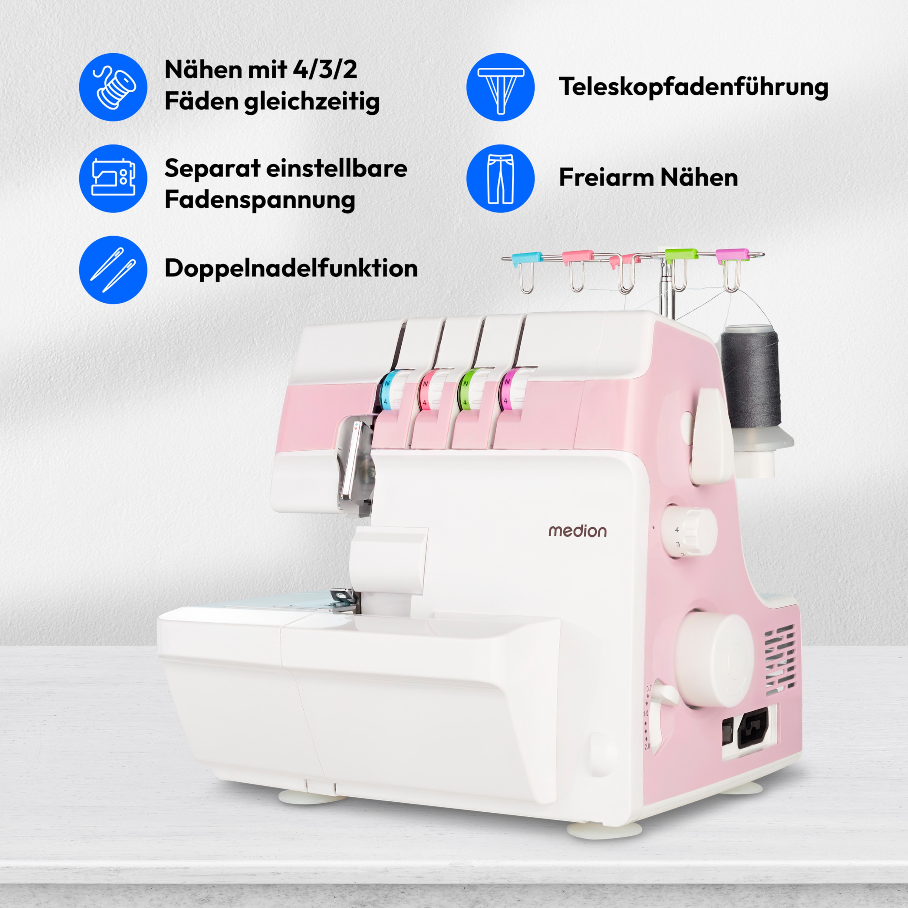 MEDION® LIFE® Overlock-Nähmaschine SO90 (MD19169), 90 Watt Motorleistung, LED Nählicht, Nähen mit 4 Fäden gleichzeitig, umfangreiches Zubehör
