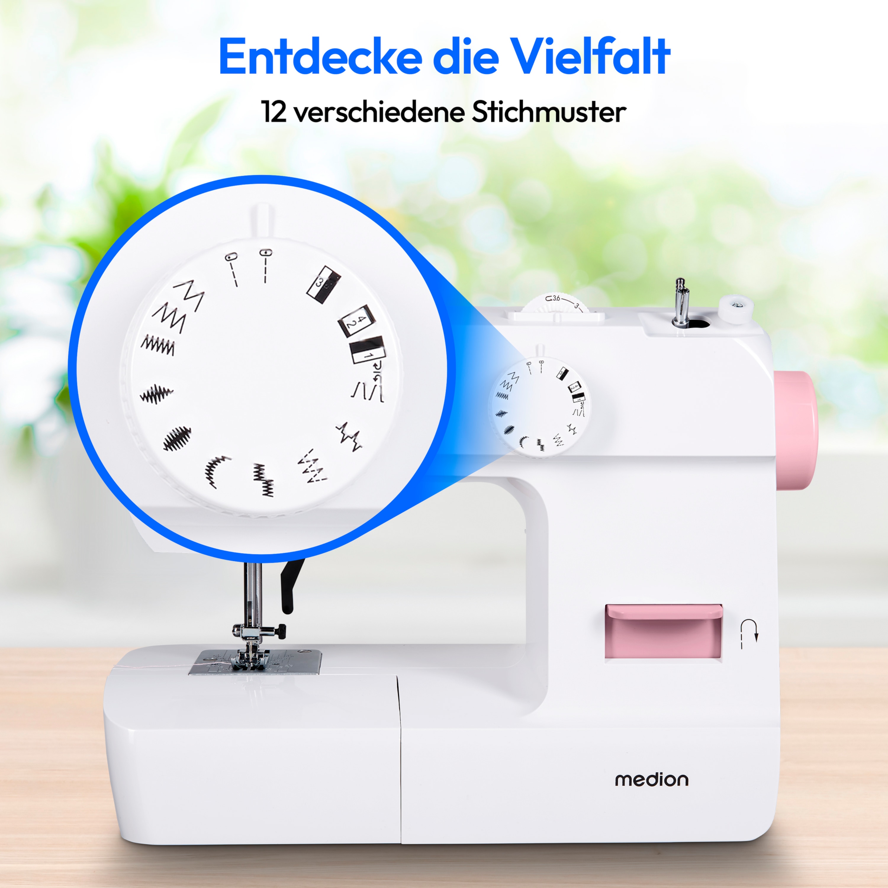 MEDION® LIFE Nähmaschine SM70 (MD 11179), 12 verschiedene Stickmuster, 4 Schritte Knopfloch, einstellbare Stichlänge, 70 Watt Motorleistung