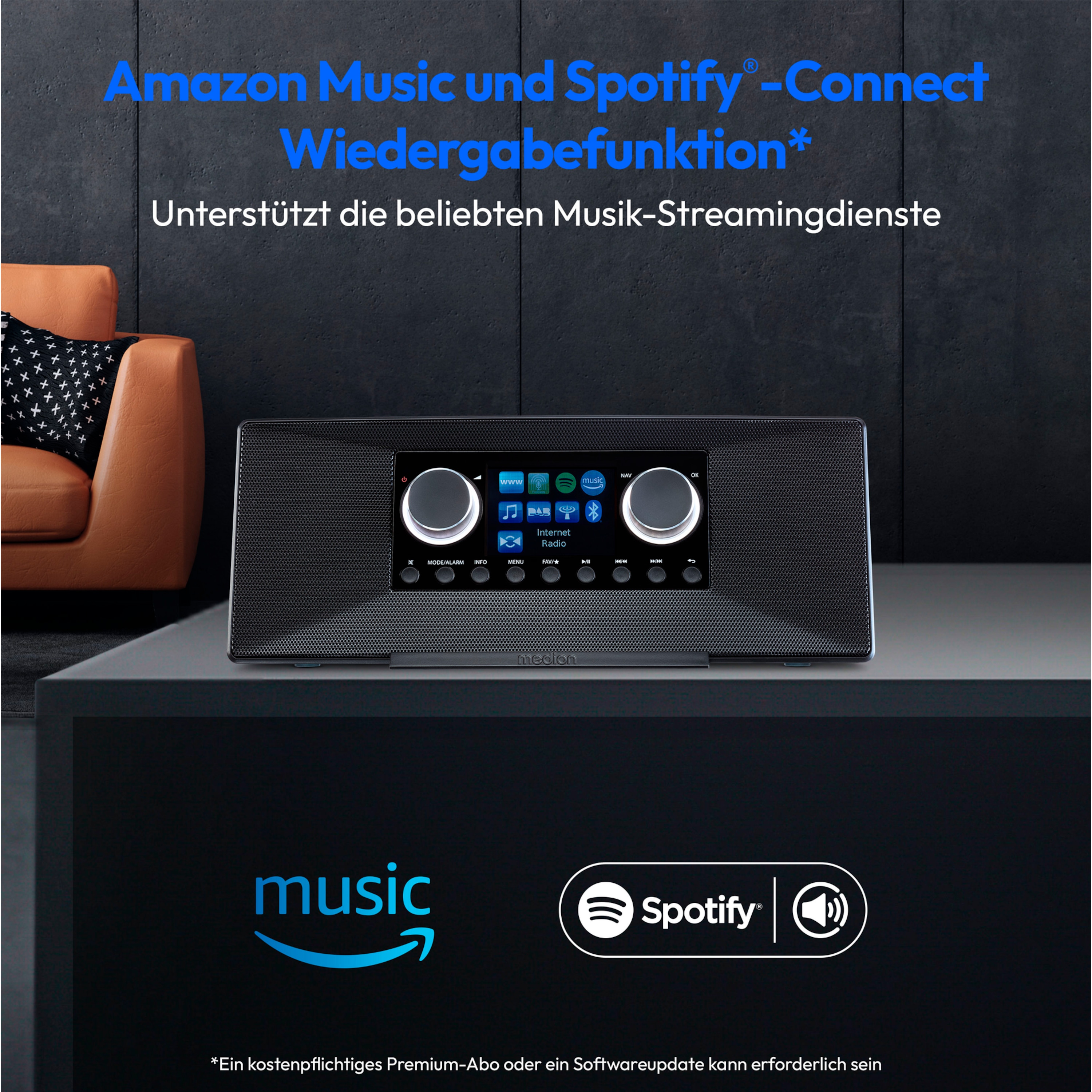 MEDION® LIFE® P85333 Stereo Internetradio, 7,1 cm (2,8'') TFT-Farbdisplay, über 25.000 Internet-Radiosender & viele Podcasts empfangen, DAB+/UKW Radio, Wecker, WLAN, Bluetooth®, Amazon Music, Spotify®-Connect, 2 x 6 W RMS